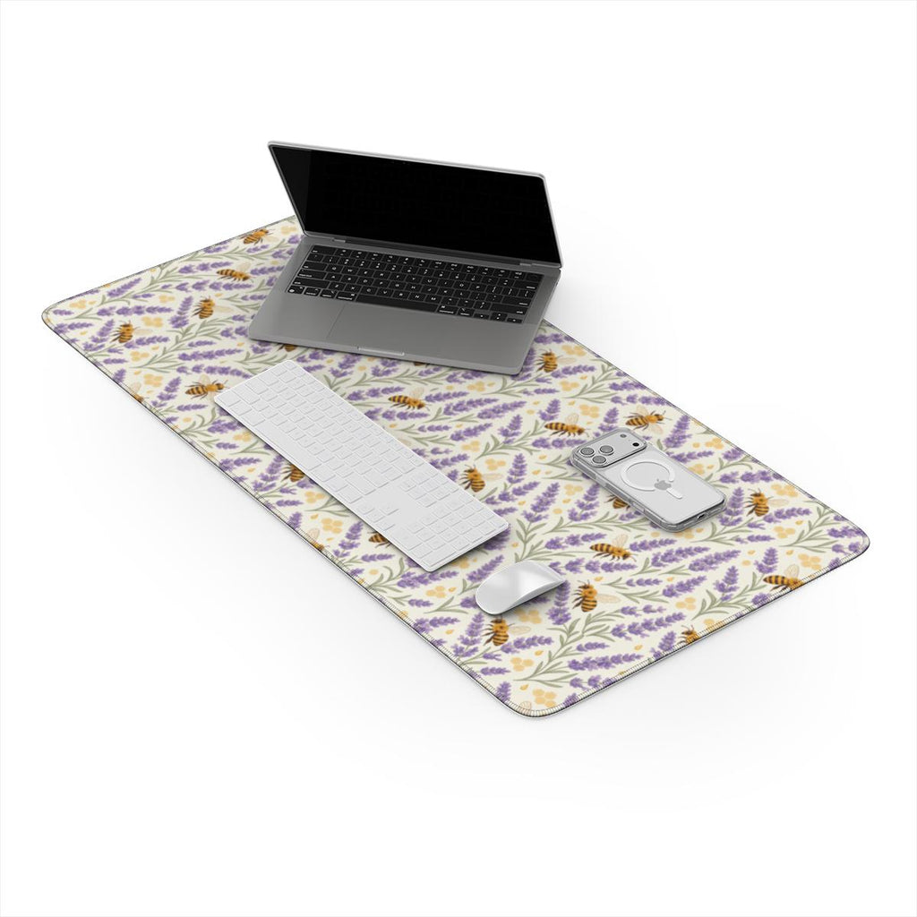 Lavender Honey Desk Mat — Watercolor Lavender & Bee Cottagecore Office Mouse Pad