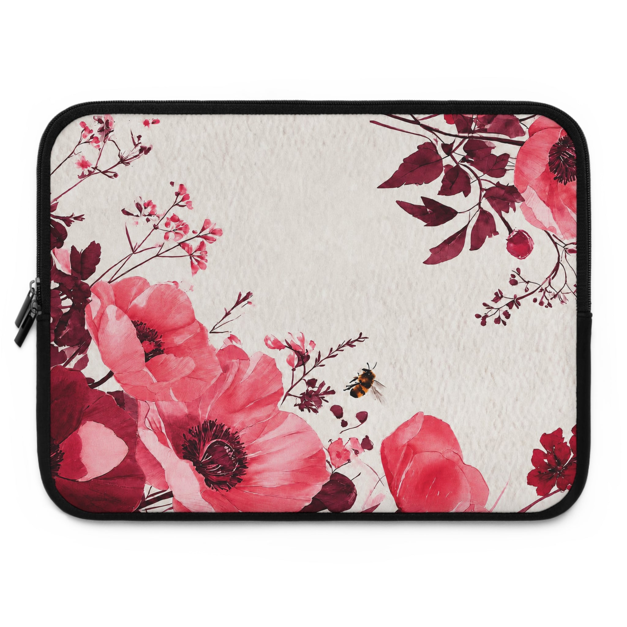 Pink Poppy Watercolor Laptop Sleeve | Floral Bee Tech Cover for Women