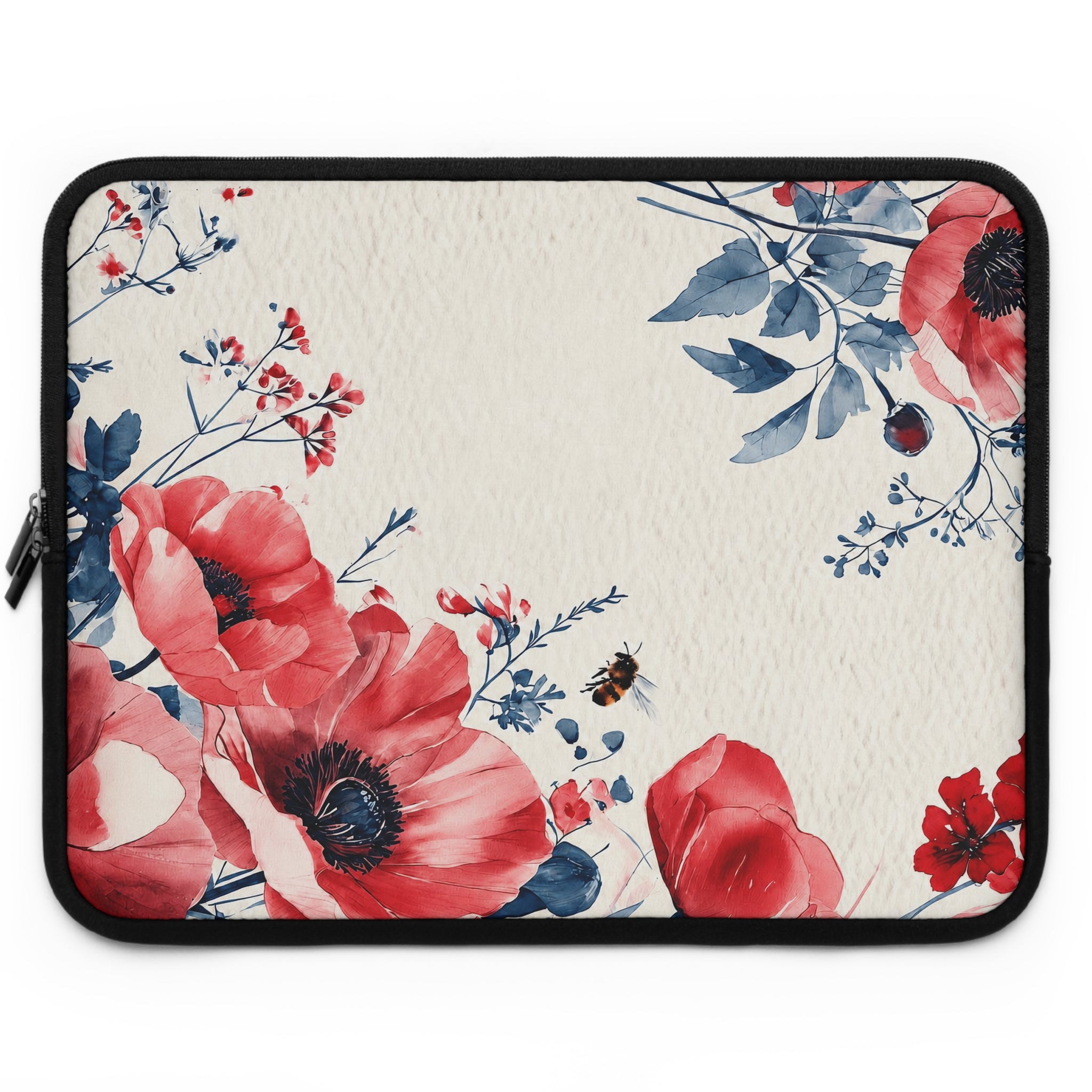 Red Poppy Watercolor Laptop Sleeve | Floral Bee Botanical Tech Cover