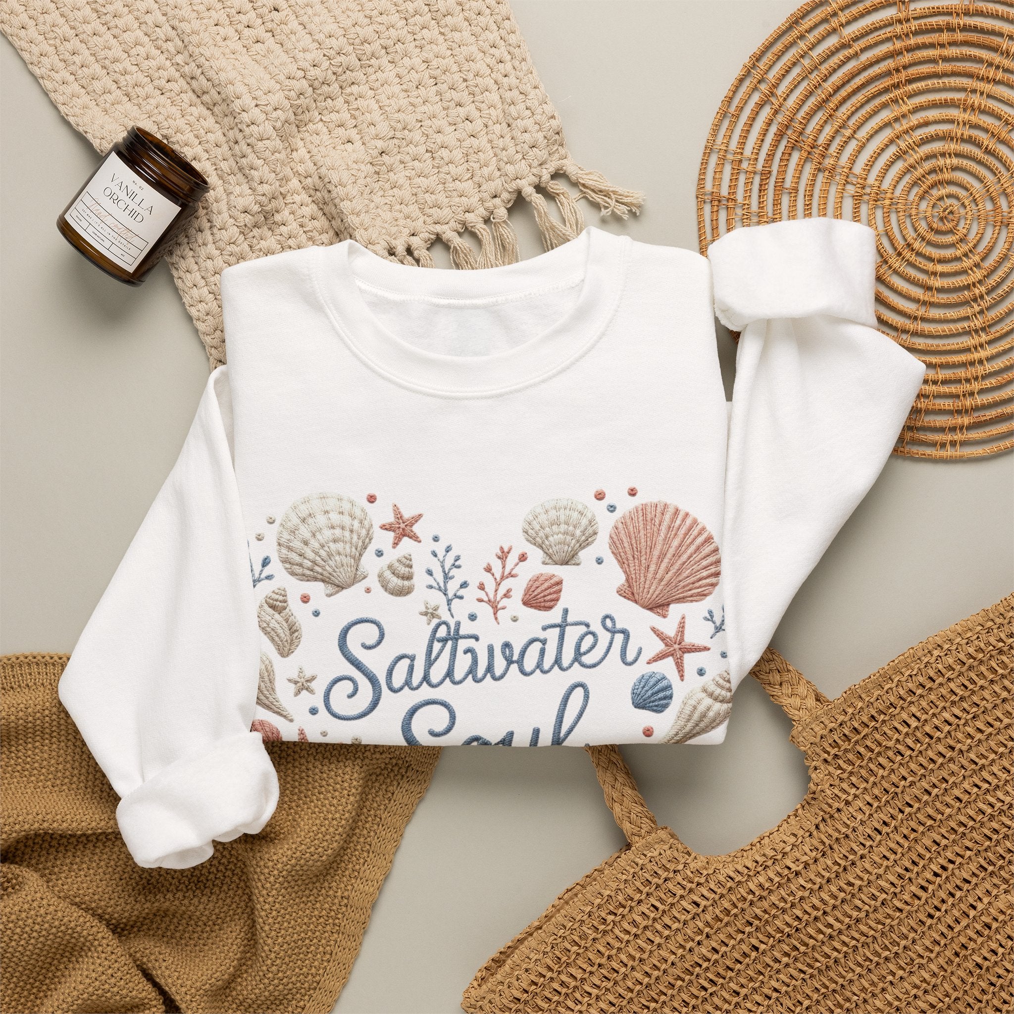 Saltwater Soul Heart Seashell Sweatshirt — Coastal Beach Shell Crewneck