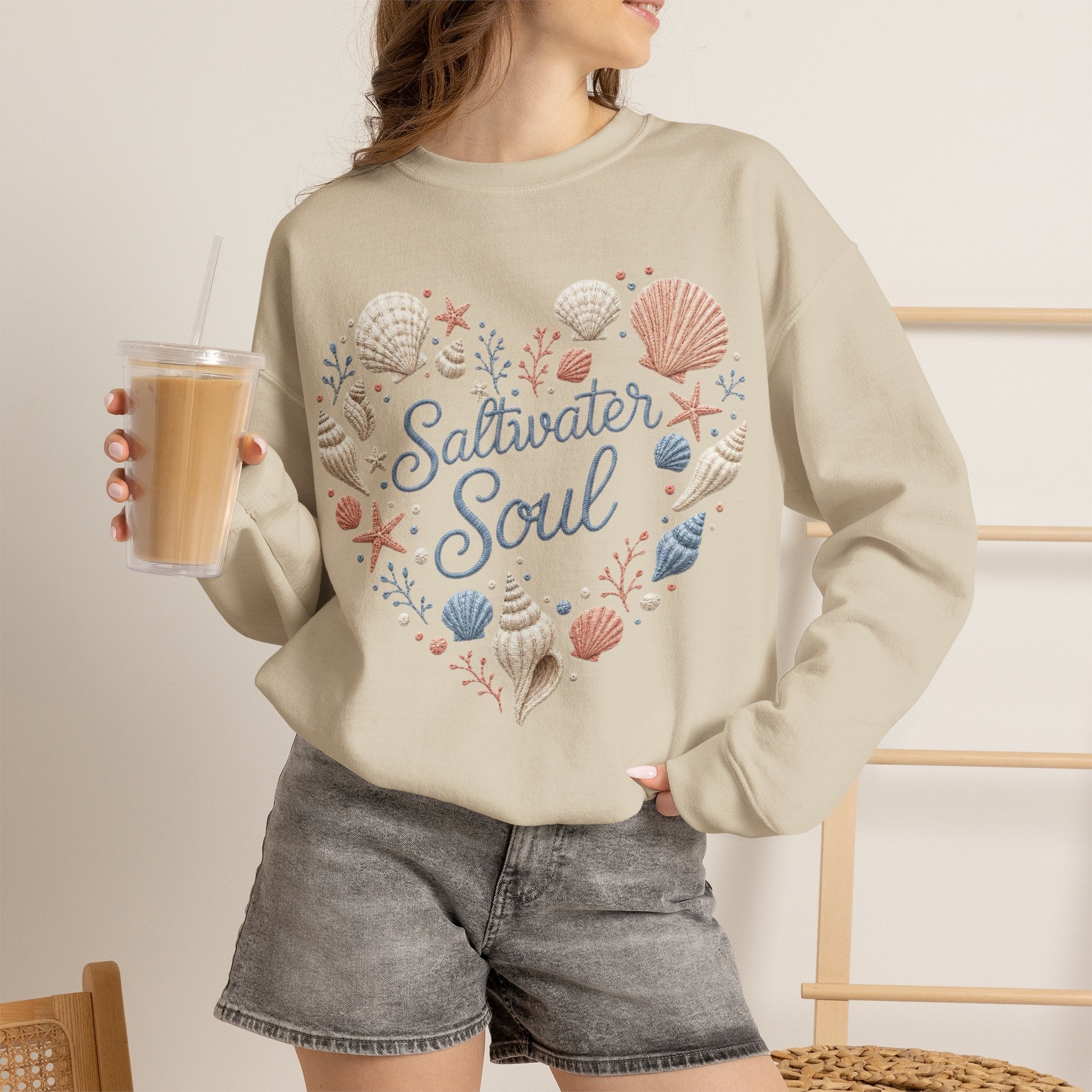 Saltwater Soul Heart Seashell Sweatshirt — Coastal Beach Shell Crewneck