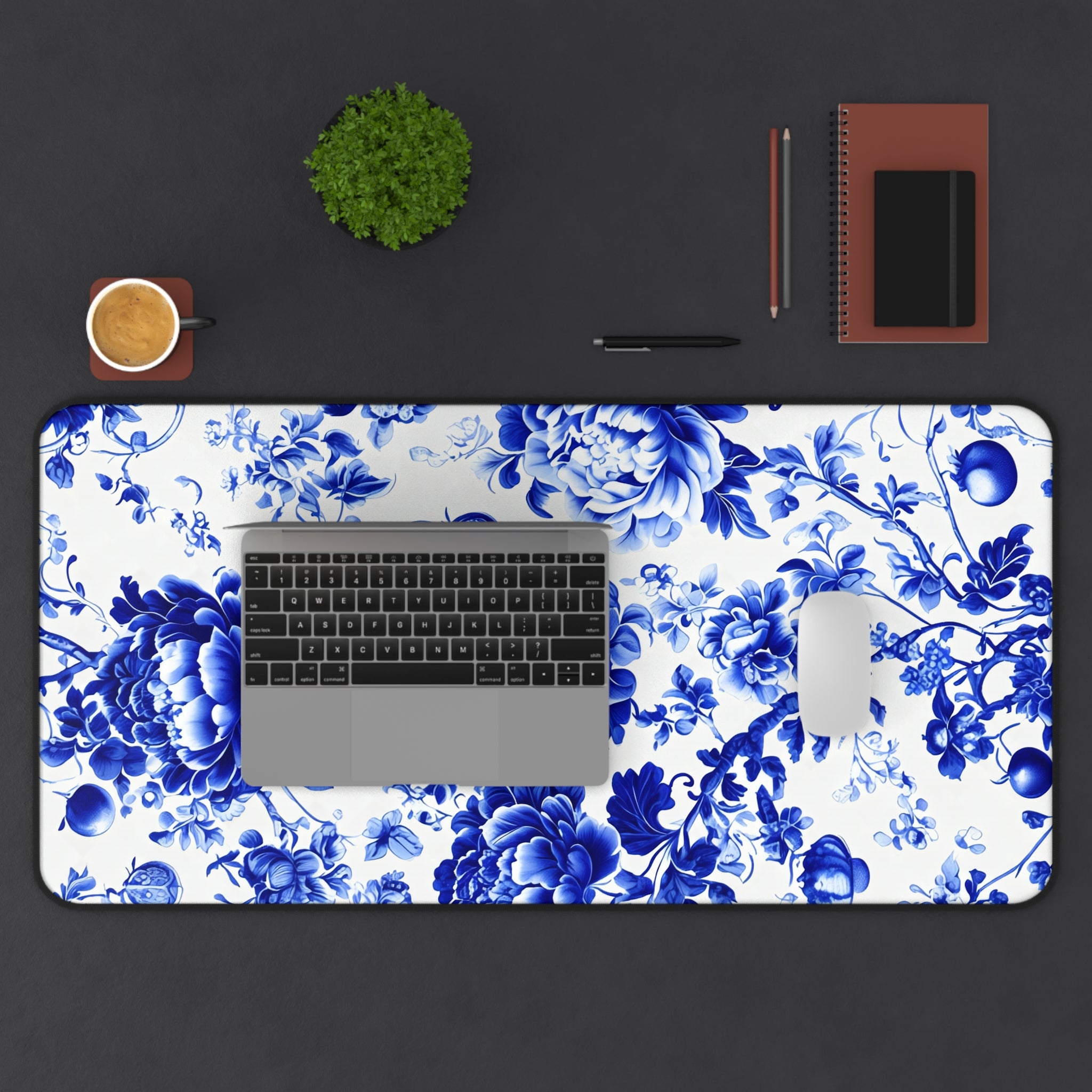 Blue Floral Porcelain Desk Mat, Vintage China Inspired Neoprene Desk Pad, Cottagecore Office Mouse Pad, Elegant Blue and White Workspace Mat