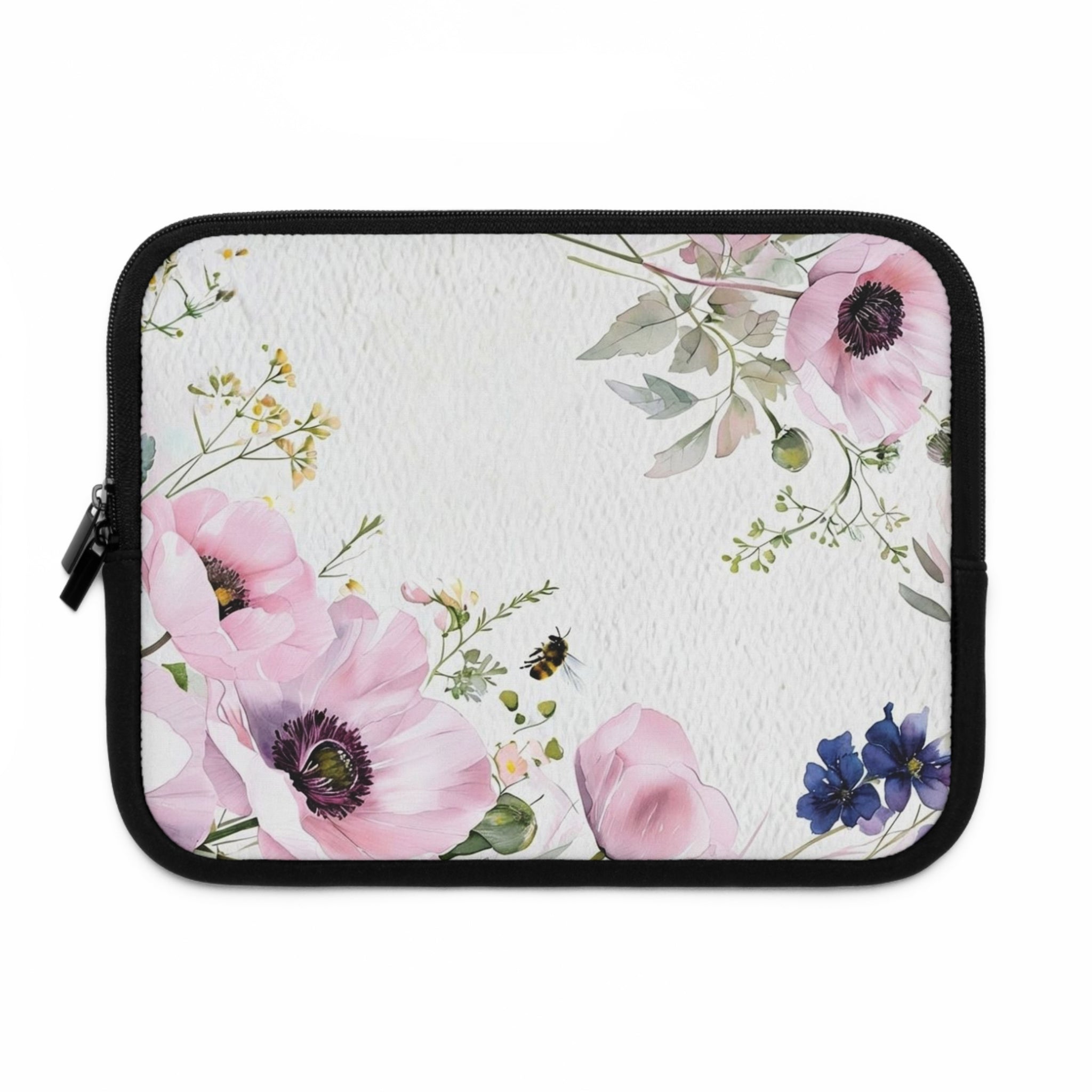Pink Anemone Floral Laptop Sleeve | Watercolor Bee Tech Cover for Women