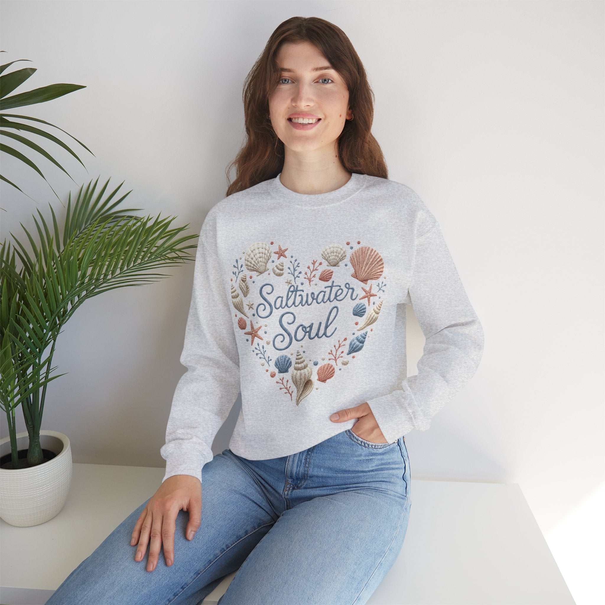 Saltwater Soul Heart Seashell Sweatshirt — Coastal Beach Shell Crewneck