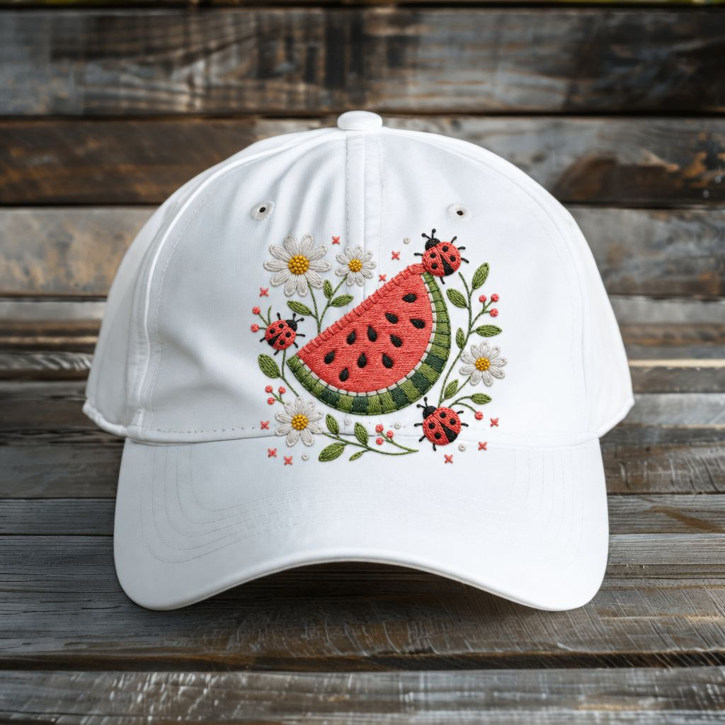 Watermelon PNG Digital Download – Embroidered Summer Fruit & Ladybug Cottagecore Design