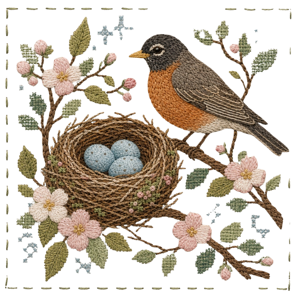 Robin Bird Nest PNG, Vintage Embroidery Floral PNG, Spring Bird Sublimation Design, Cottagecore PNG Download, Nature Clipart Digital Download