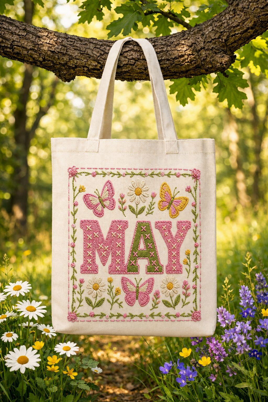 May PNG Digital Download – Embroidered Floral Butterfly Cottagecore Design