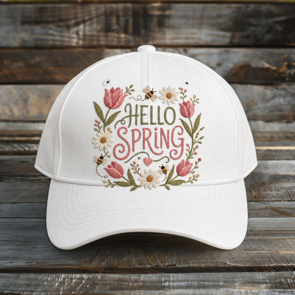 Hello Spring PNG Digital Download – Embroidered Floral Cottagecore Spring Design