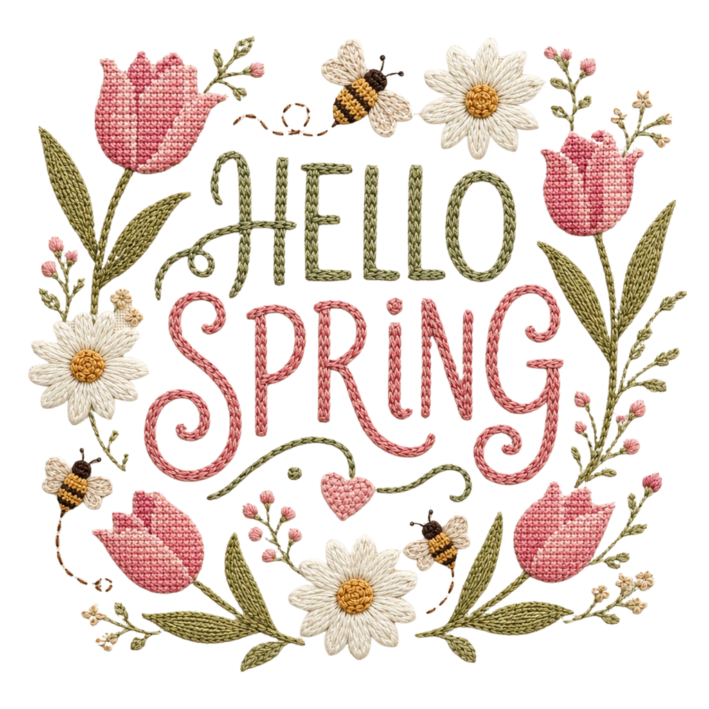 Hello Spring PNG Digital Download – Embroidered Floral Cottagecore Spring Design
