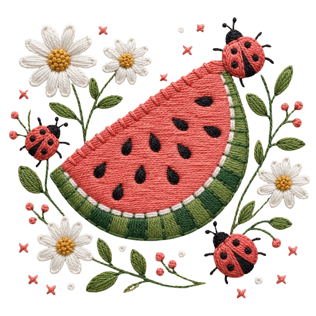 Watermelon PNG Digital Download – Embroidered Summer Fruit & Ladybug Cottagecore Design