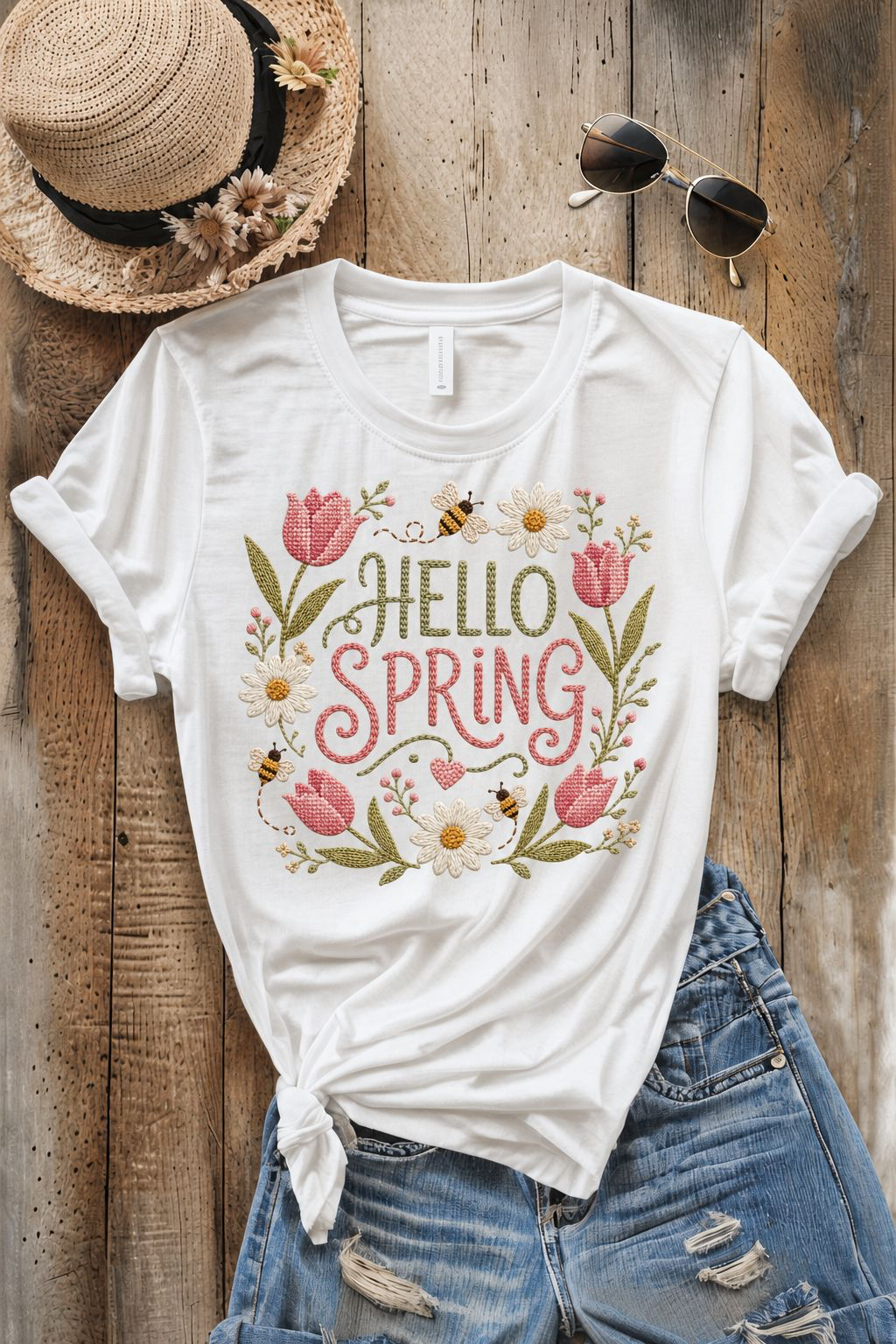 Hello Spring PNG Digital Download – Embroidered Floral Cottagecore Spring Design
