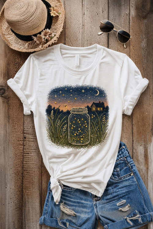 Firefly Jar PNG Digital Download – Embroidered Cottagecore Night Scene Design