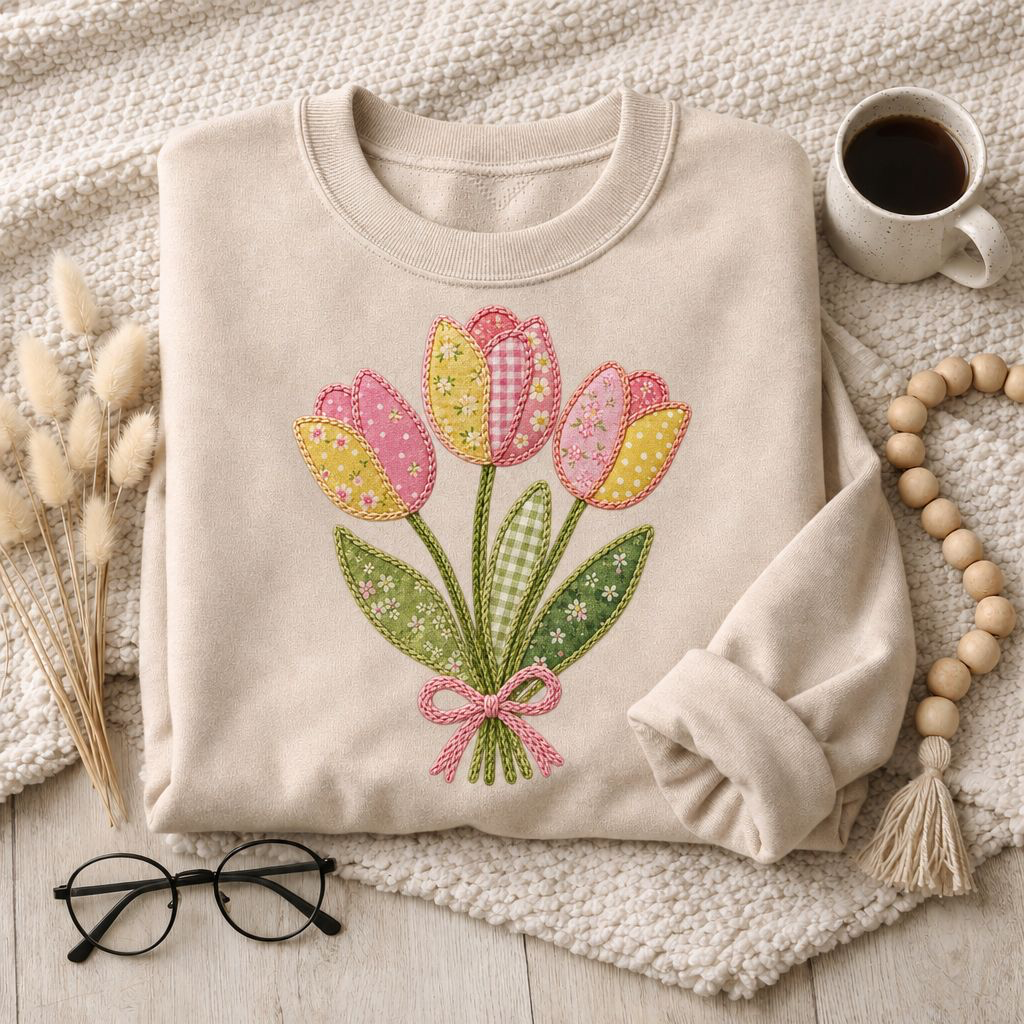 Patchwork Tulip PNG Bundle – Embroidered Cottagecore Floral Digital Download Set