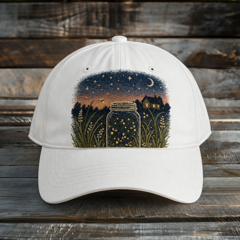 Firefly Jar PNG Digital Download – Embroidered Cottagecore Night Scene Design