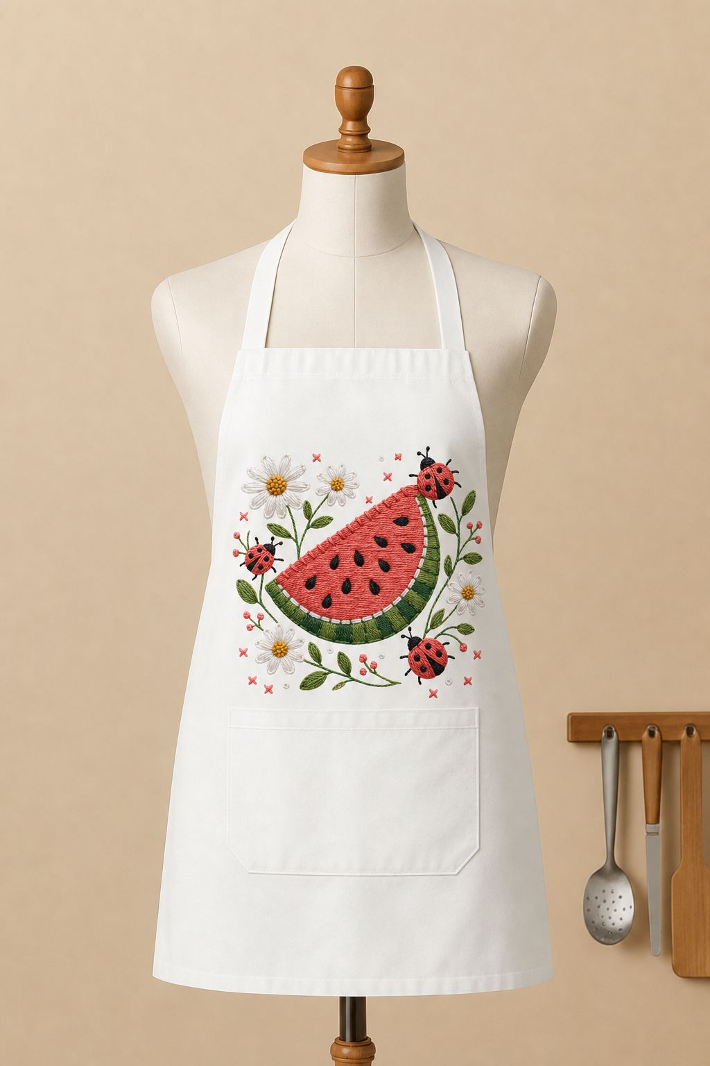 Watermelon PNG Digital Download – Embroidered Summer Fruit & Ladybug Cottagecore Design