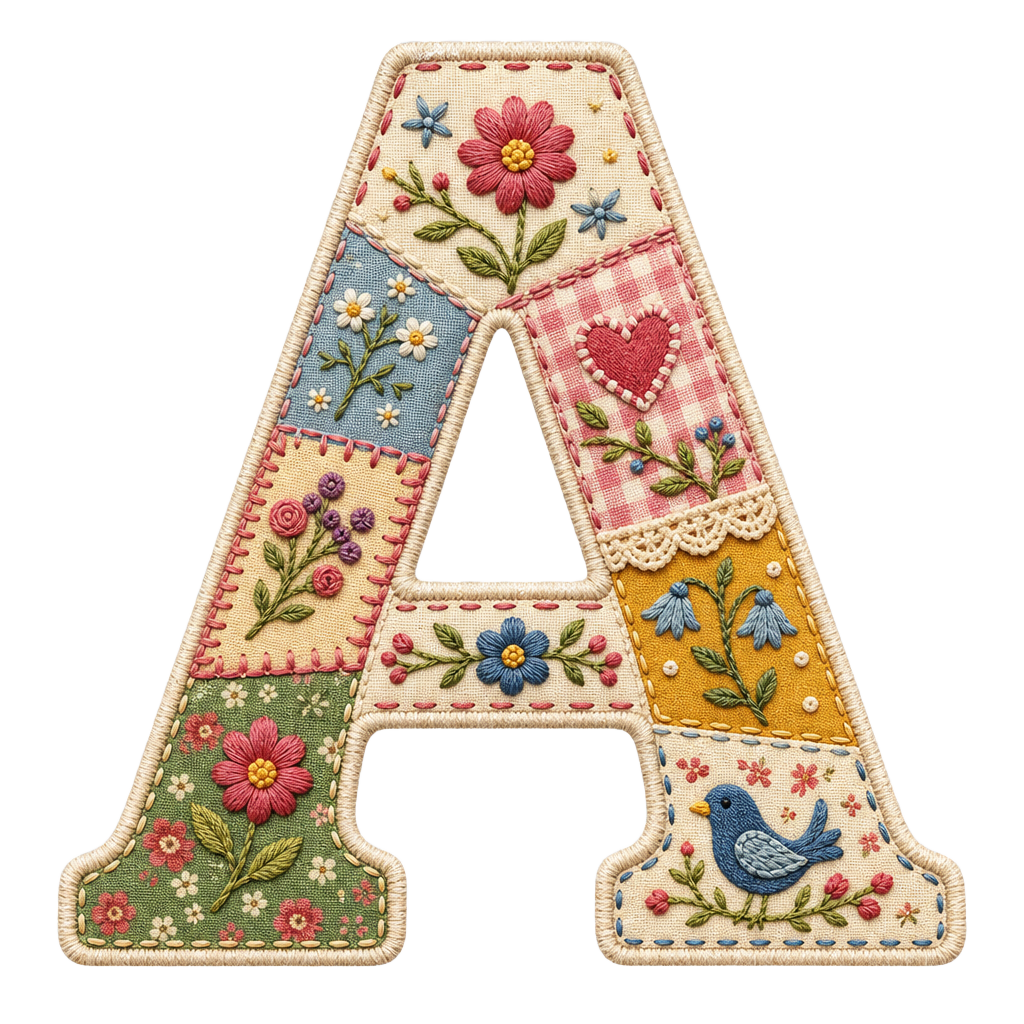 Patchwork Floral Alphabet PNG Bundle – Embroidered Cottagecore Letter Digital Download Set