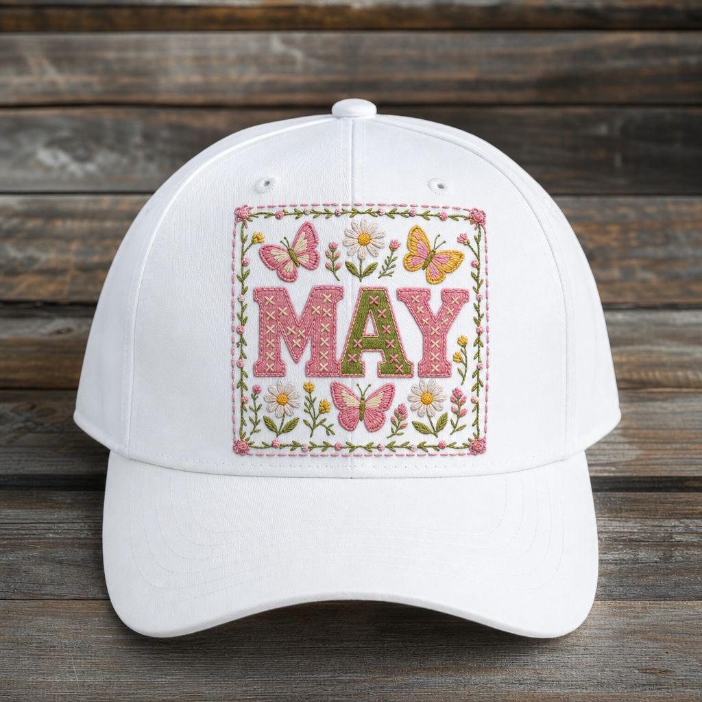 May PNG Digital Download – Embroidered Floral Butterfly Cottagecore Design