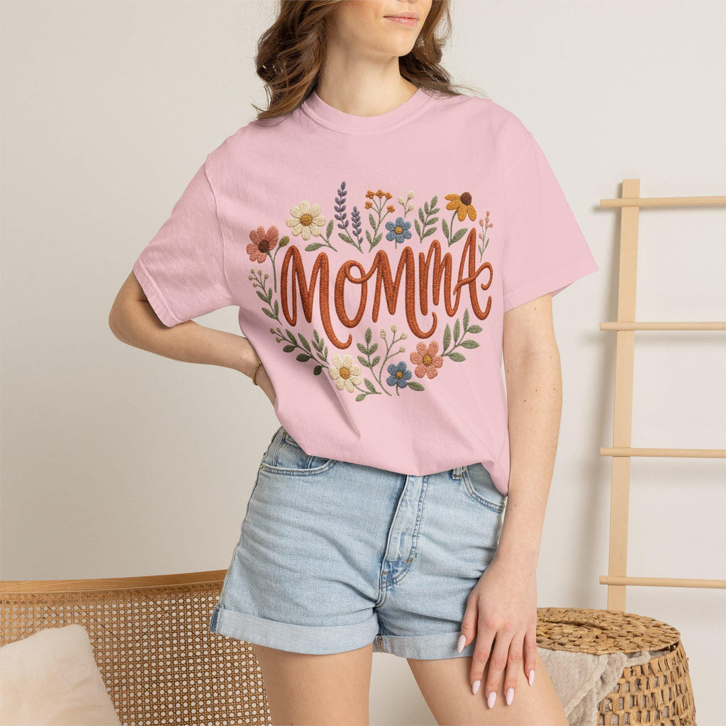 Momma Floral Script T-Shirt | Handlettered Mom Typography, Flower Wreath