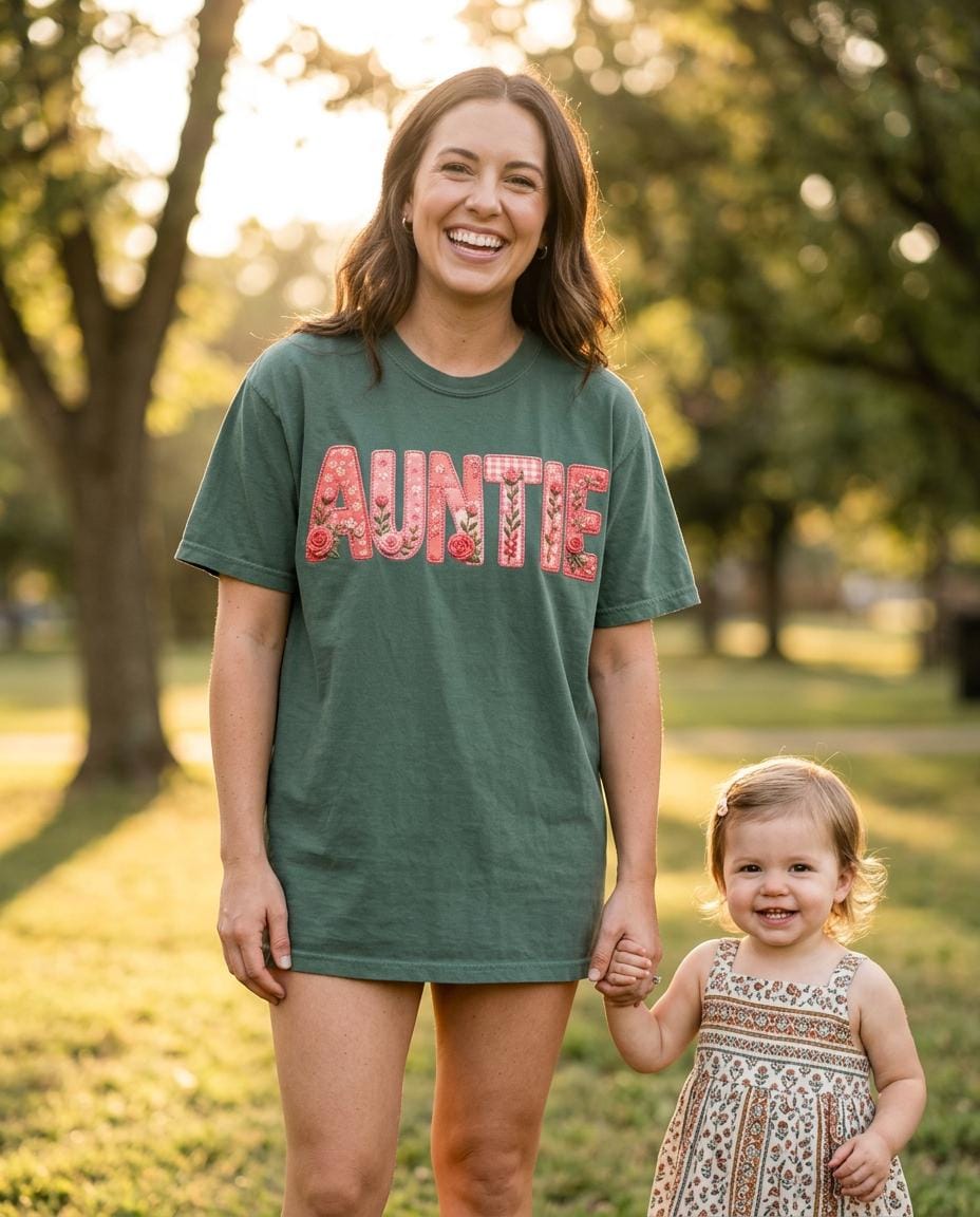 Floral Auntie Graphic T-Shirt, Faux Embroidery Print, Soft Cotton Tee