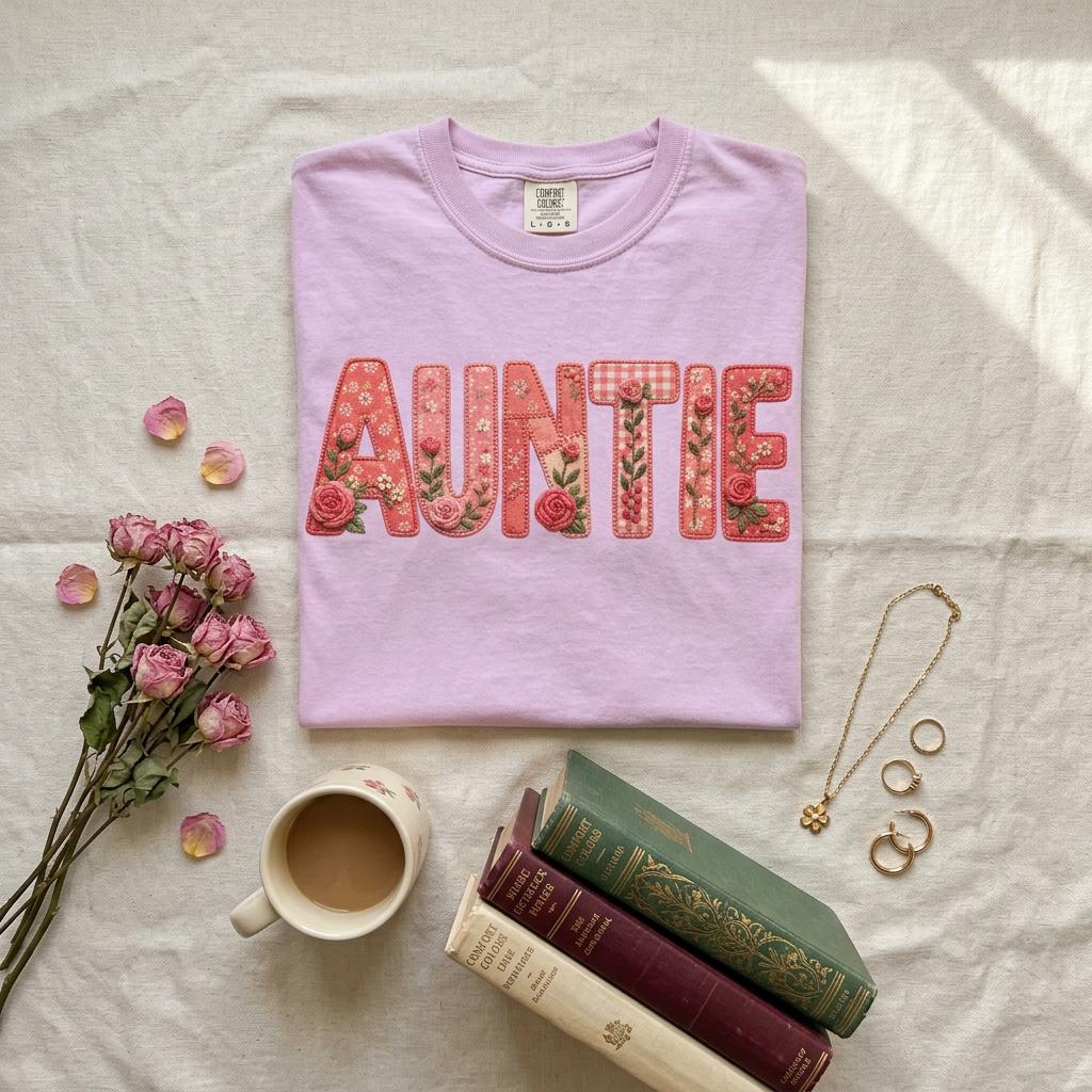 Floral Auntie Graphic T-Shirt, Faux Embroidery Print, Soft Cotton Tee