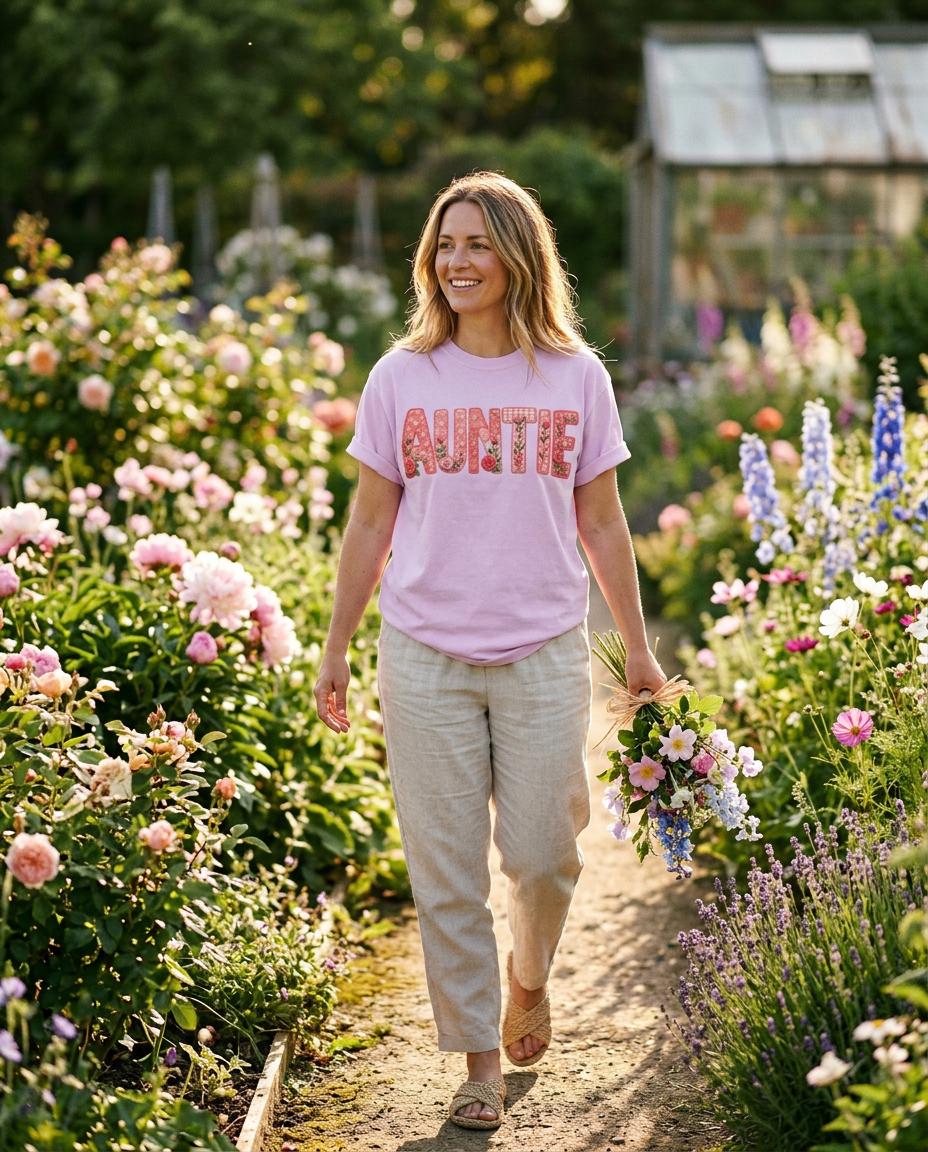 Floral Auntie Graphic T-Shirt, Faux Embroidery Print, Soft Cotton Tee