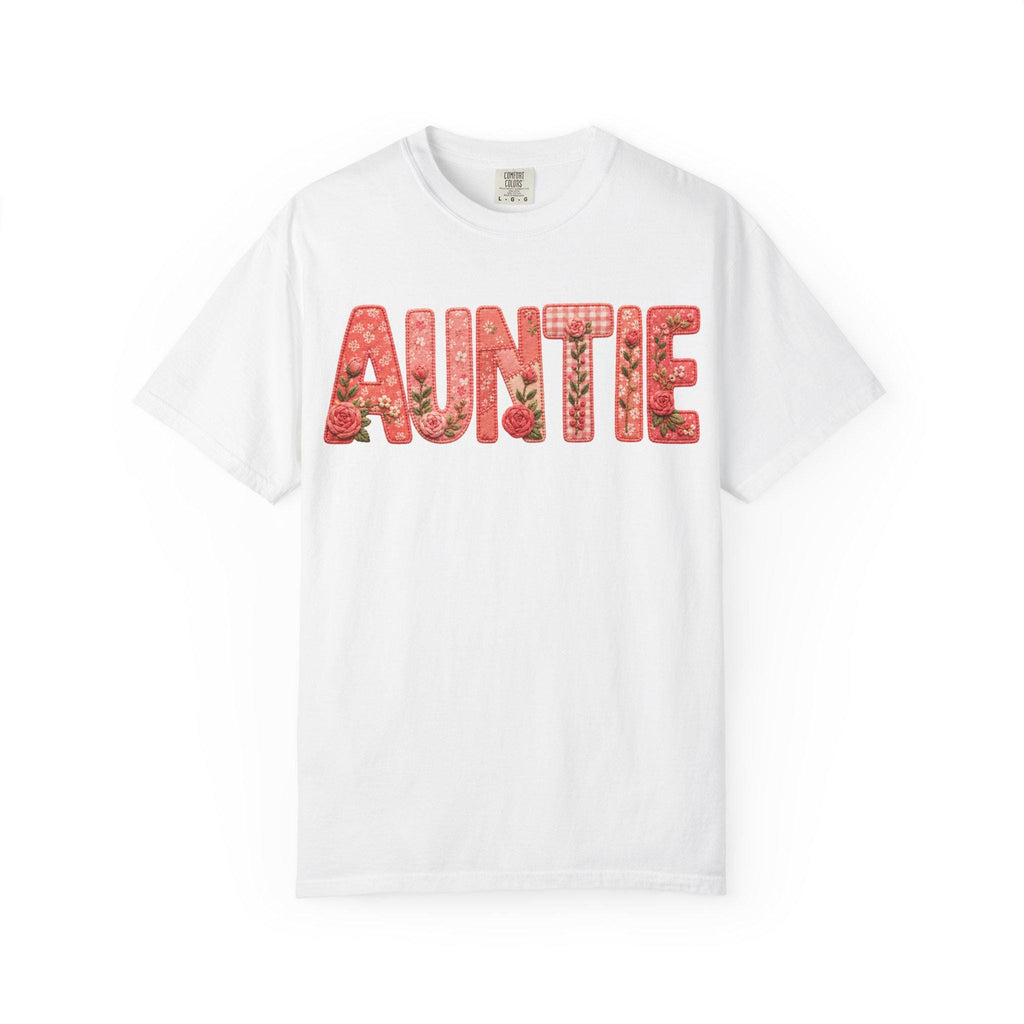 Floral Auntie Graphic T-Shirt, Faux Embroidery Print, Soft Cotton Tee