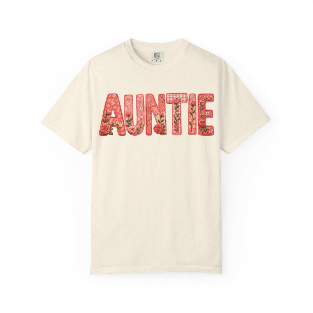 Floral Auntie Graphic T-Shirt, Faux Embroidery Print, Soft Cotton Tee