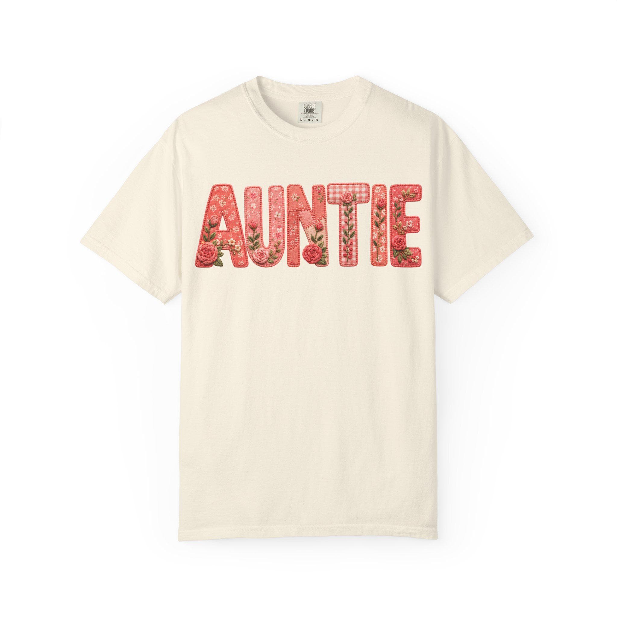 Floral Auntie Graphic T-Shirt, Faux Embroidery Print, Soft Cotton Tee