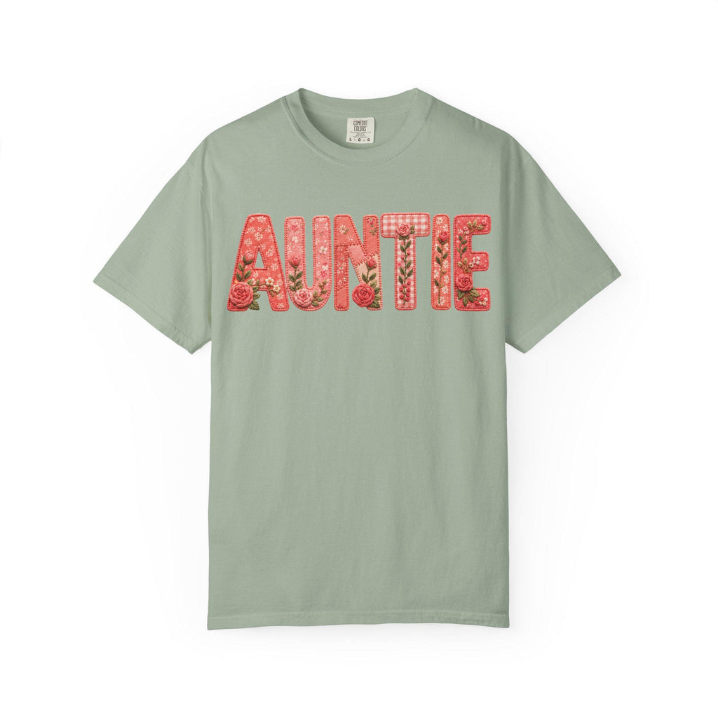 Floral Auntie Graphic T-Shirt, Faux Embroidery Print, Soft Cotton Tee