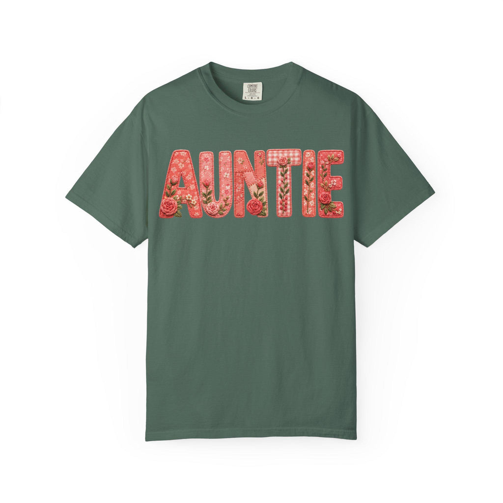 Floral Auntie Graphic T-Shirt, Faux Embroidery Print, Soft Cotton Tee