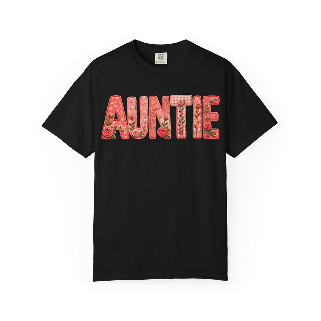 Floral Auntie Graphic T-Shirt, Faux Embroidery Print, Soft Cotton Tee