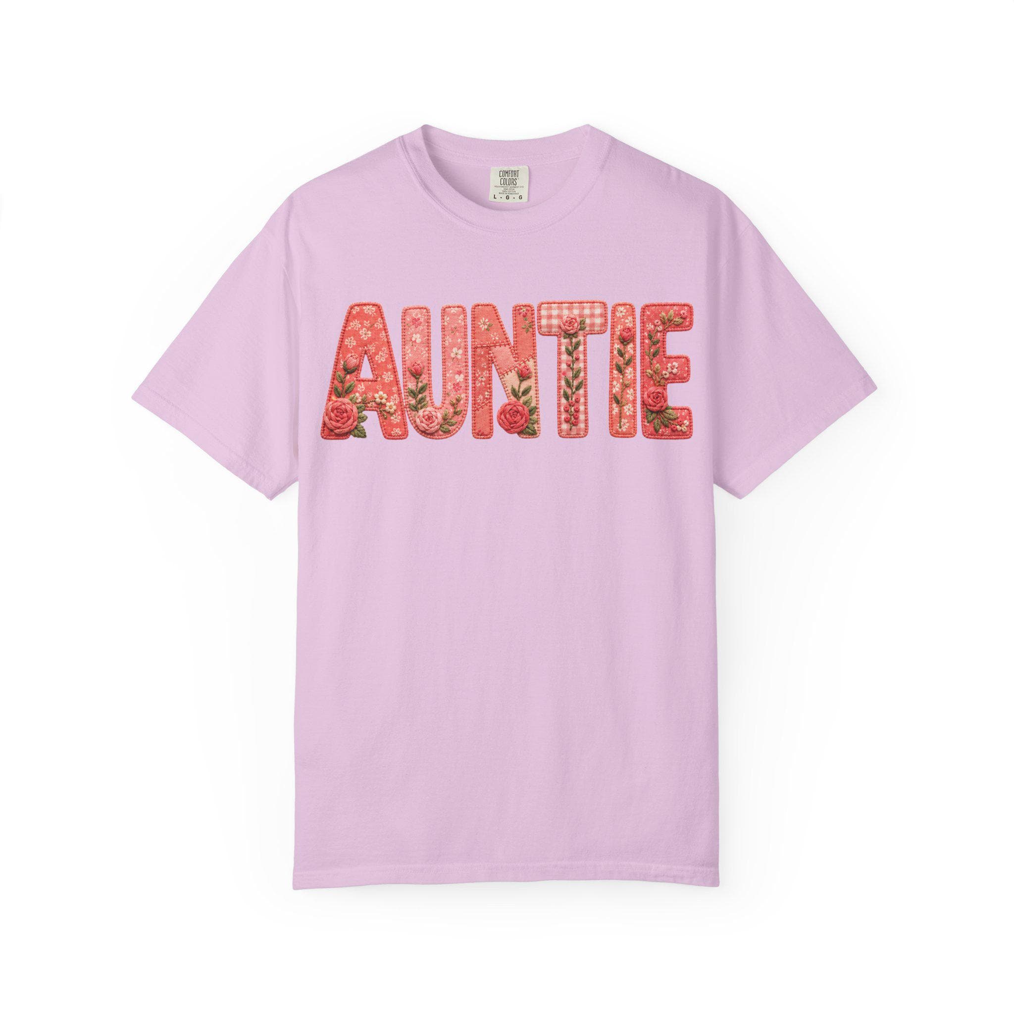 Floral Auntie Graphic T-Shirt, Faux Embroidery Print, Soft Cotton Tee