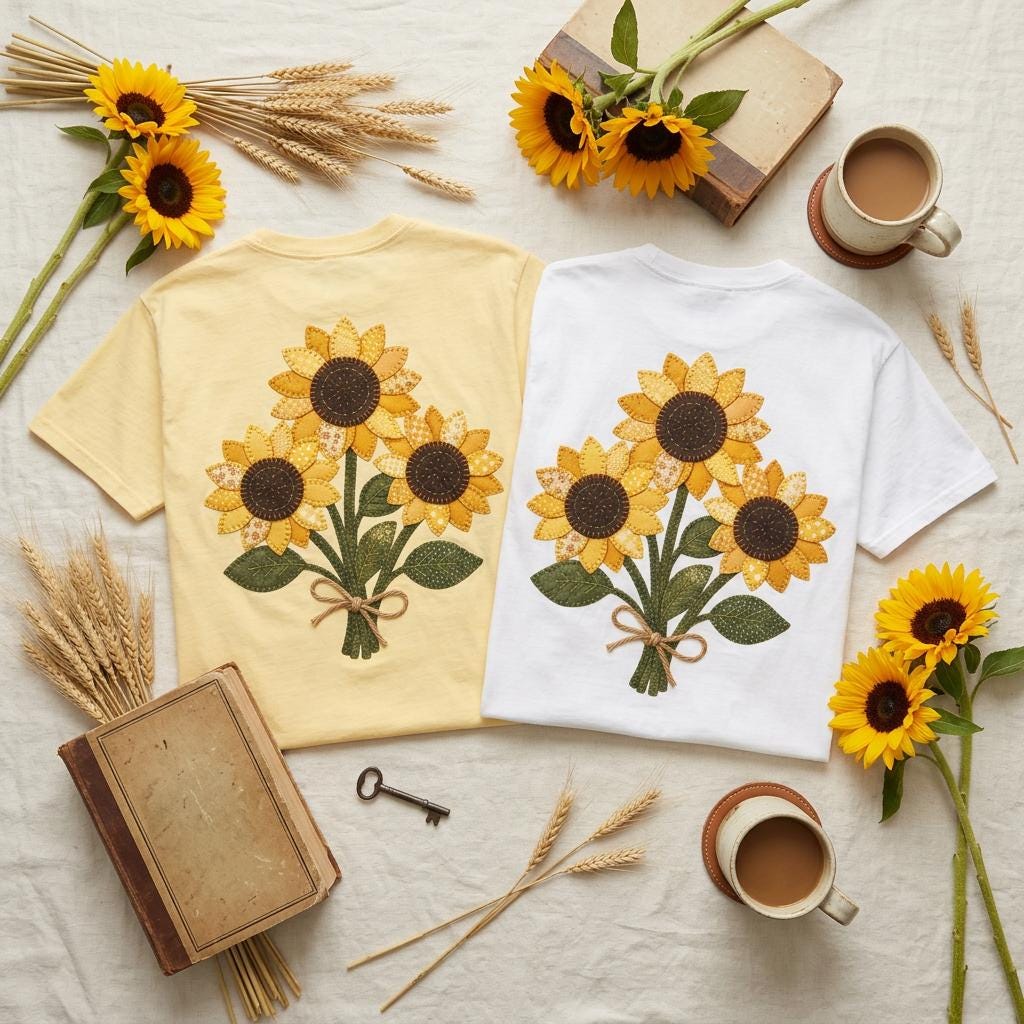 Patchwork Sunflower Bouquet Graphic Tee, Vintage Embroidery Style Print, Soft Cotton Floral Shirt