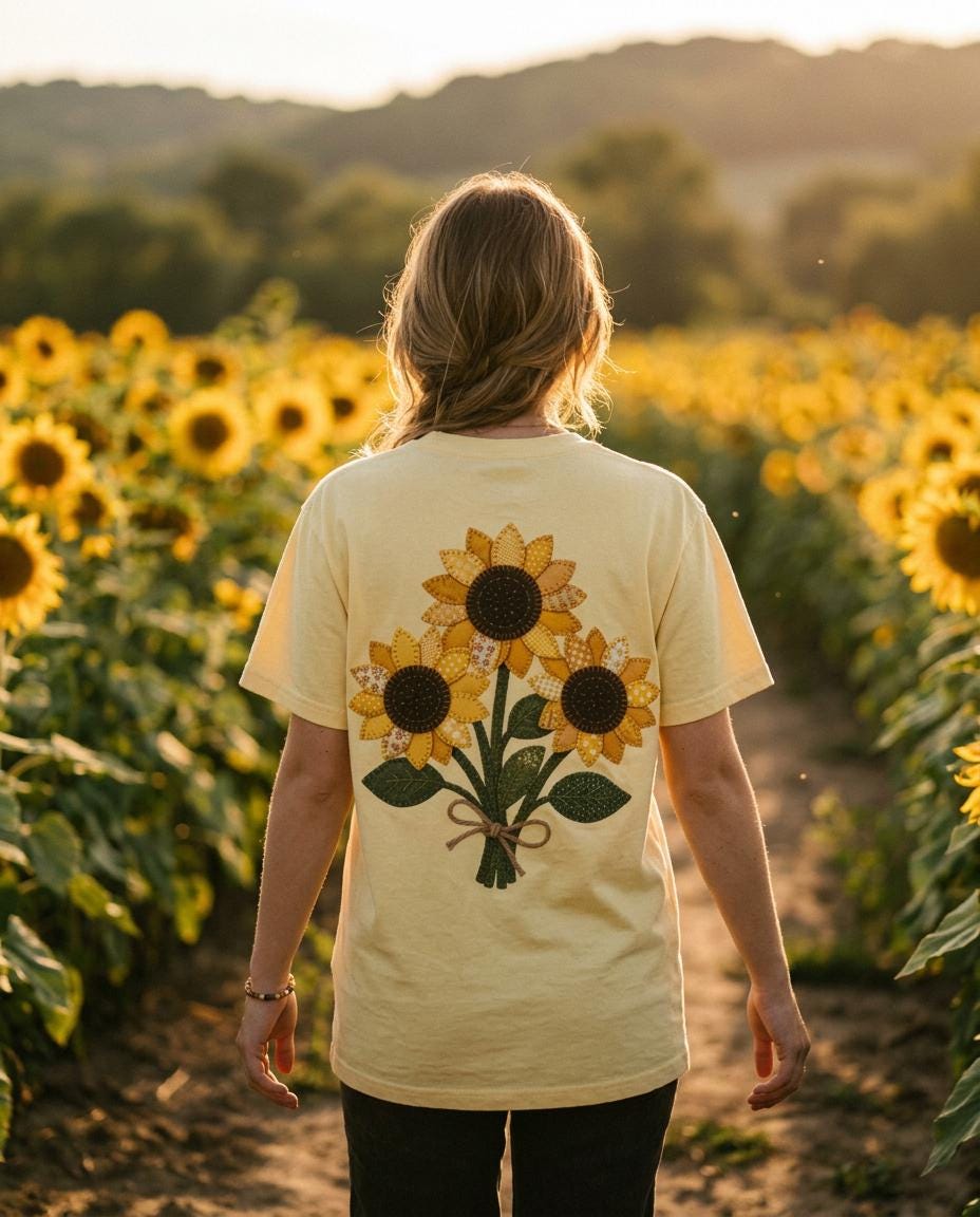 Patchwork Sunflower Bouquet Graphic Tee, Vintage Embroidery Style Print, Soft Cotton Floral Shirt