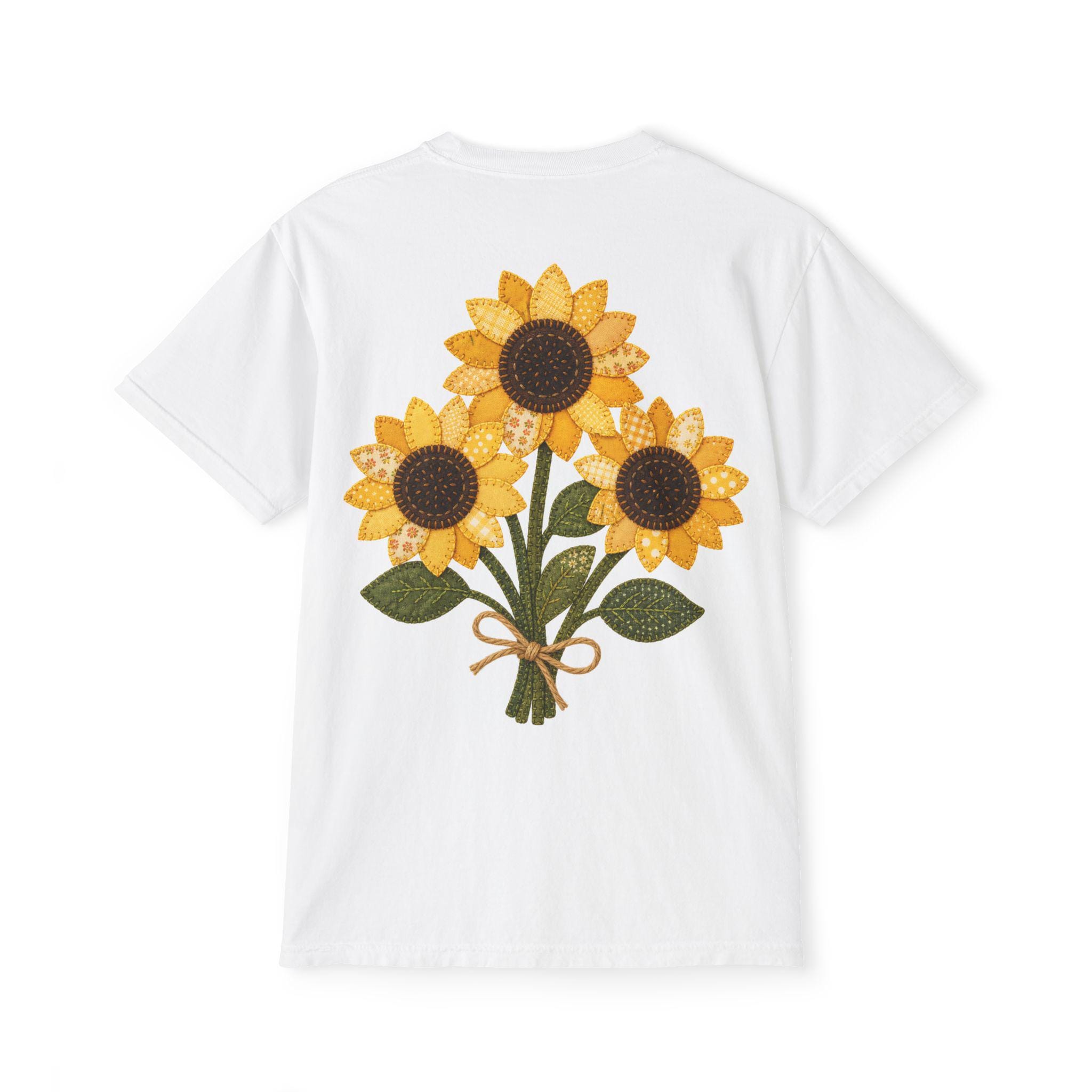 Patchwork Sunflower Bouquet Graphic Tee, Vintage Embroidery Style Print, Soft Cotton Floral Shirt