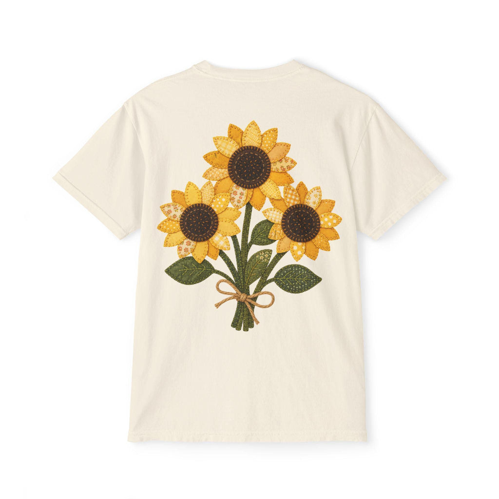 Patchwork Sunflower Bouquet Graphic Tee, Vintage Embroidery Style Print, Soft Cotton Floral Shirt