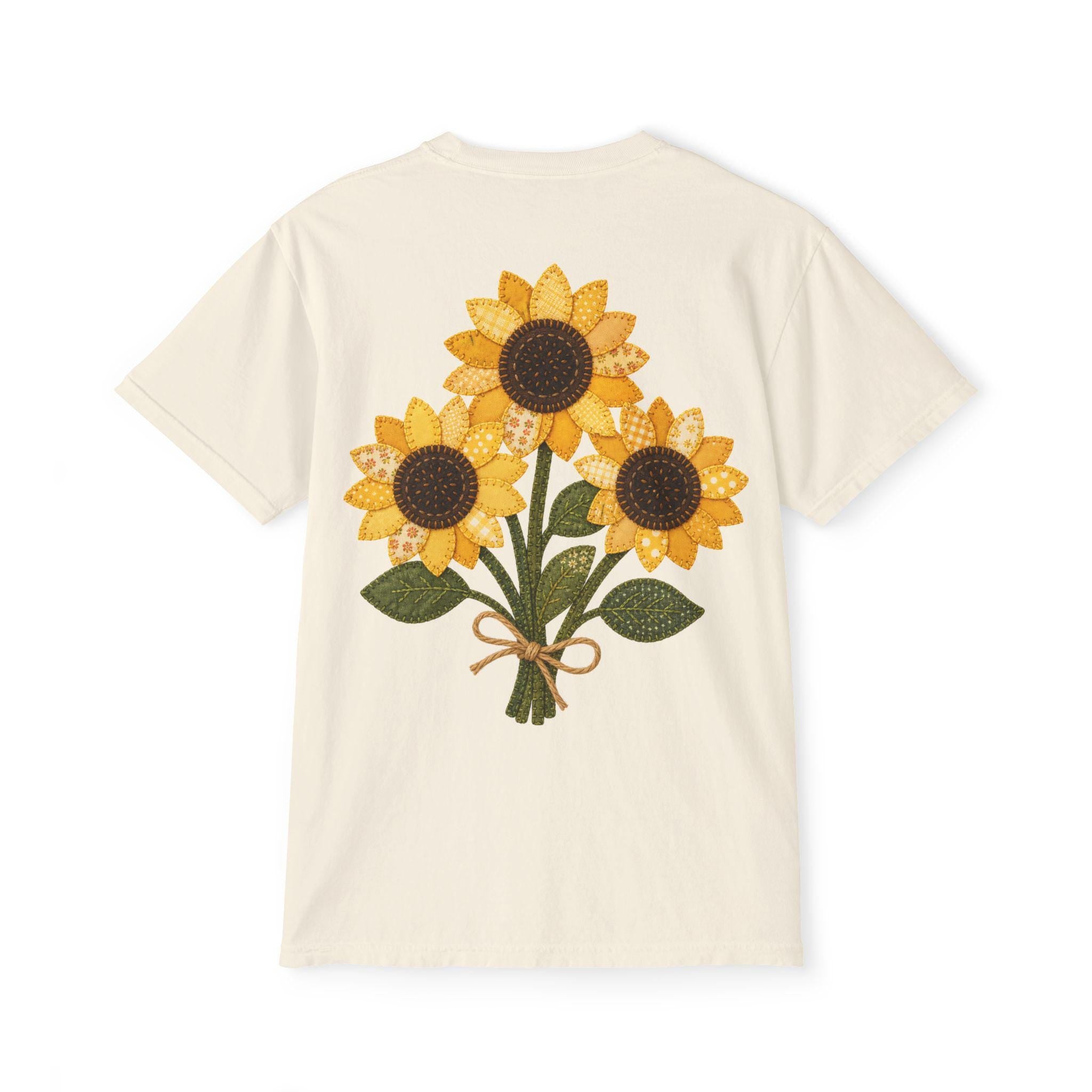 Patchwork Sunflower Bouquet Graphic Tee, Vintage Embroidery Style Print, Soft Cotton Floral Shirt