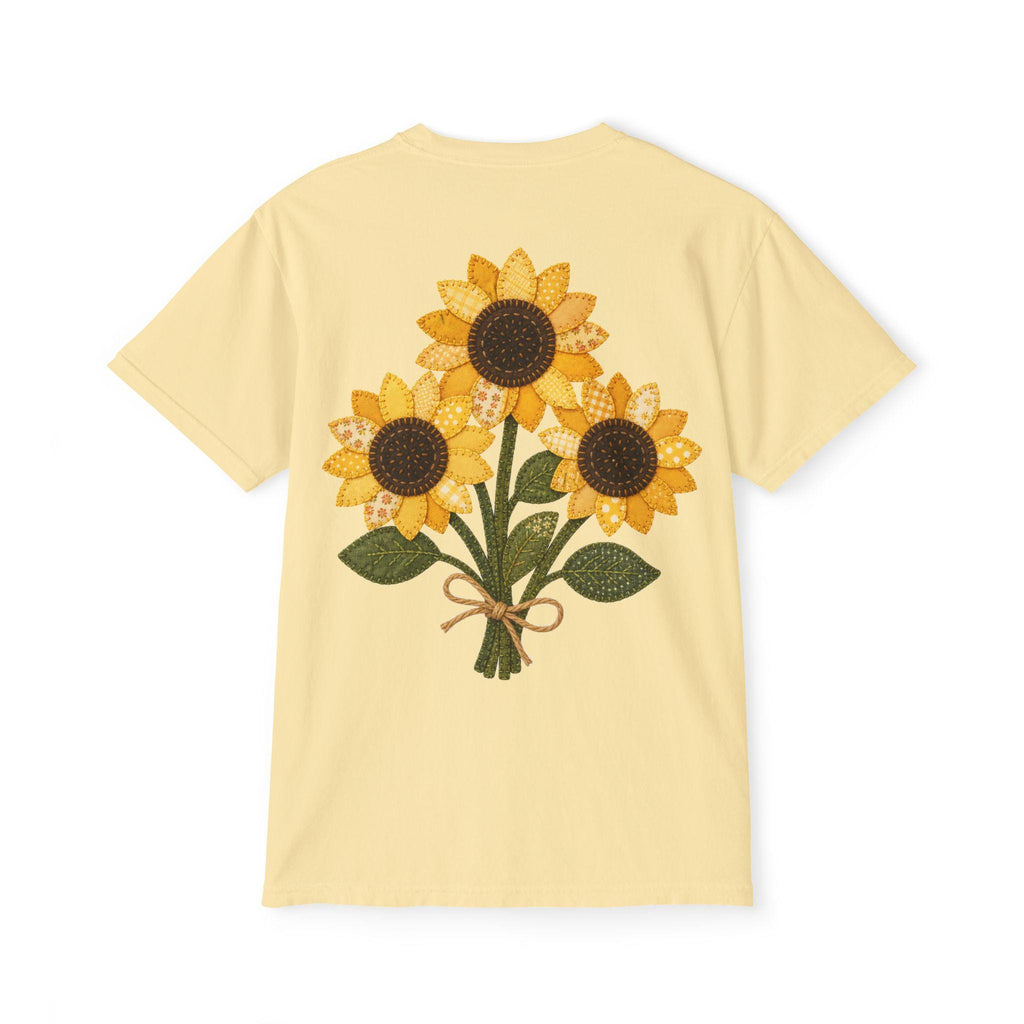Patchwork Sunflower Bouquet Graphic Tee, Vintage Embroidery Style Print, Soft Cotton Floral Shirt