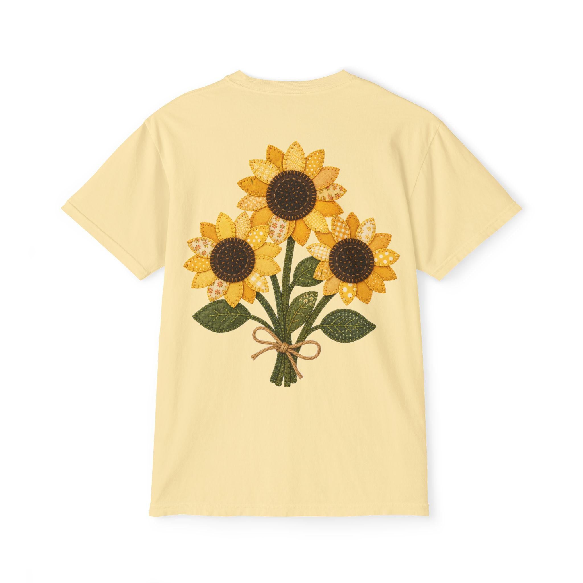 Patchwork Sunflower Bouquet Graphic Tee, Vintage Embroidery Style Print, Soft Cotton Floral Shirt