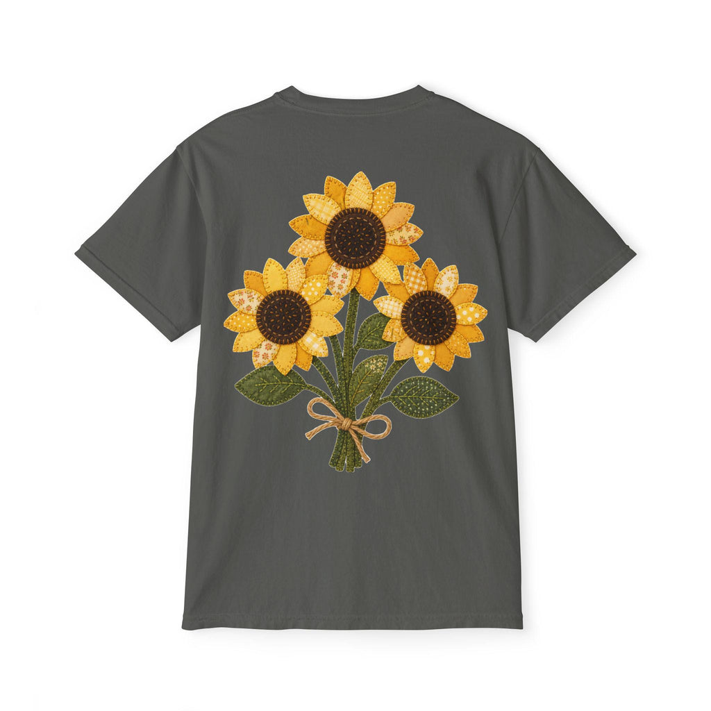 Patchwork Sunflower Bouquet Graphic Tee, Vintage Embroidery Style Print, Soft Cotton Floral Shirt