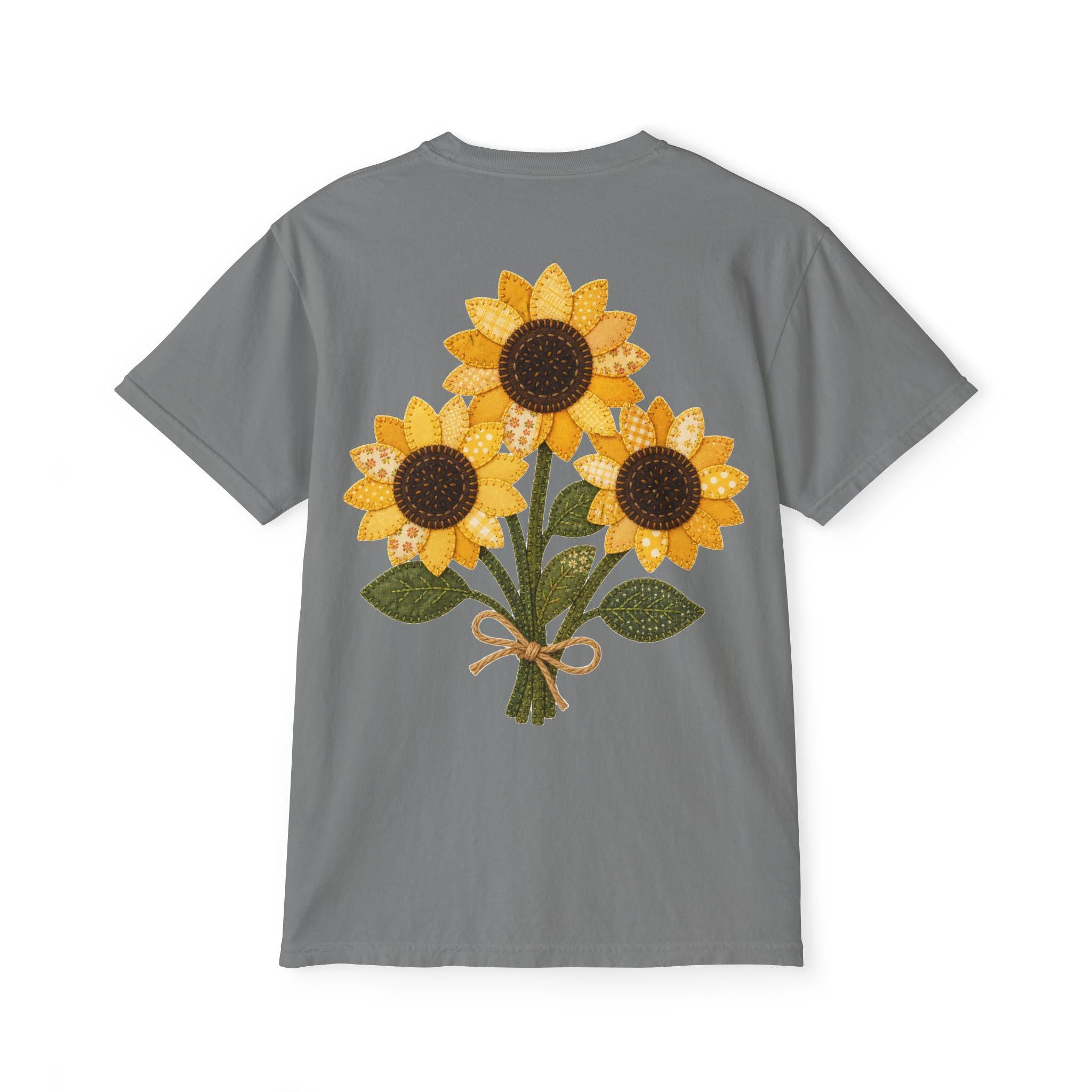 Patchwork Sunflower Bouquet Graphic Tee, Vintage Embroidery Style Print, Soft Cotton Floral Shirt