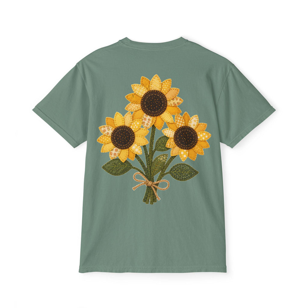 Patchwork Sunflower Bouquet Graphic Tee, Vintage Embroidery Style Print, Soft Cotton Floral Shirt