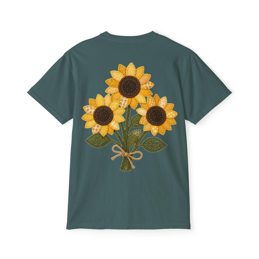 Patchwork Sunflower Bouquet Graphic Tee, Vintage Embroidery Style Print, Soft Cotton Floral Shirt