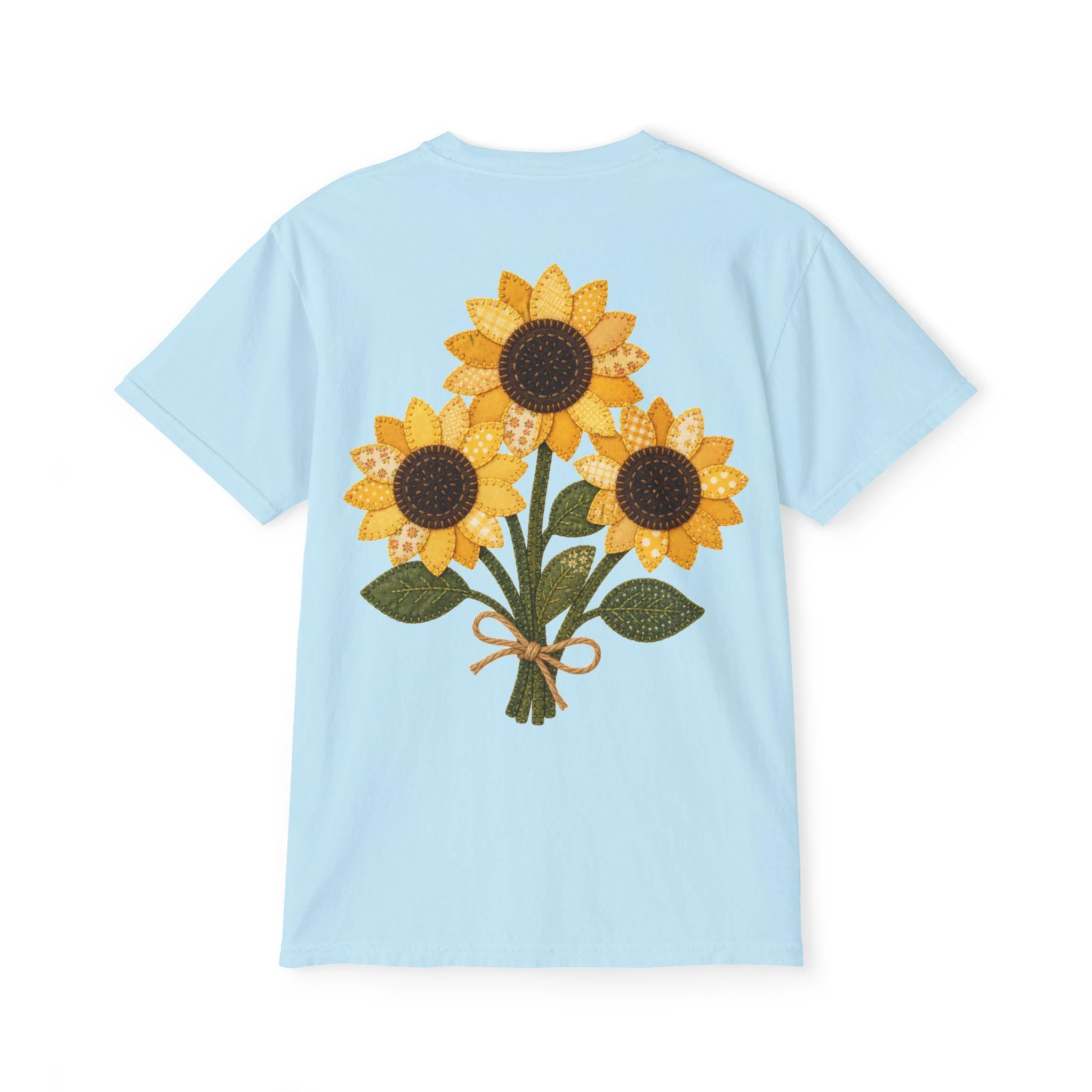 Patchwork Sunflower Bouquet Graphic Tee, Vintage Embroidery Style Print, Soft Cotton Floral Shirt