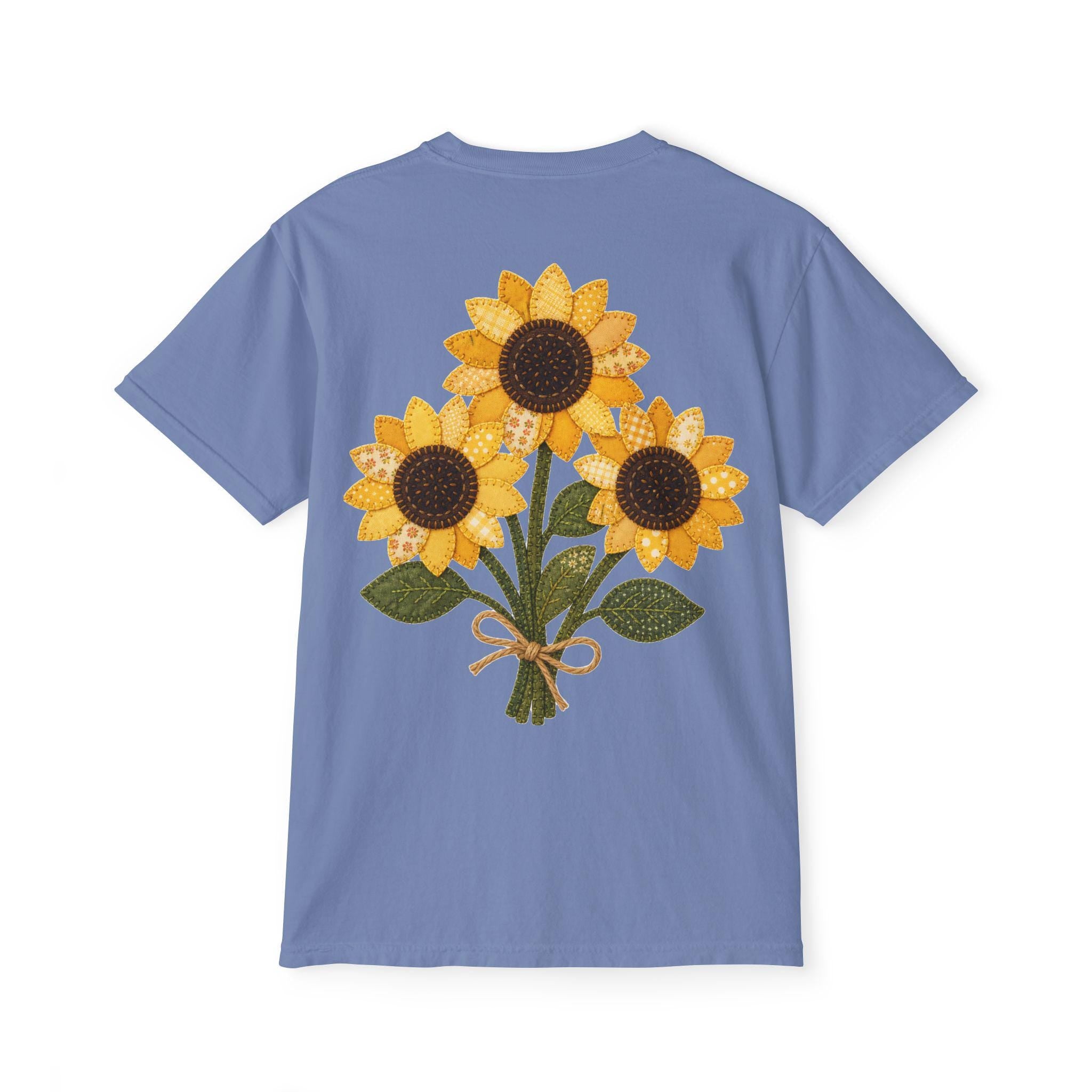 Patchwork Sunflower Bouquet Graphic Tee, Vintage Embroidery Style Print, Soft Cotton Floral Shirt