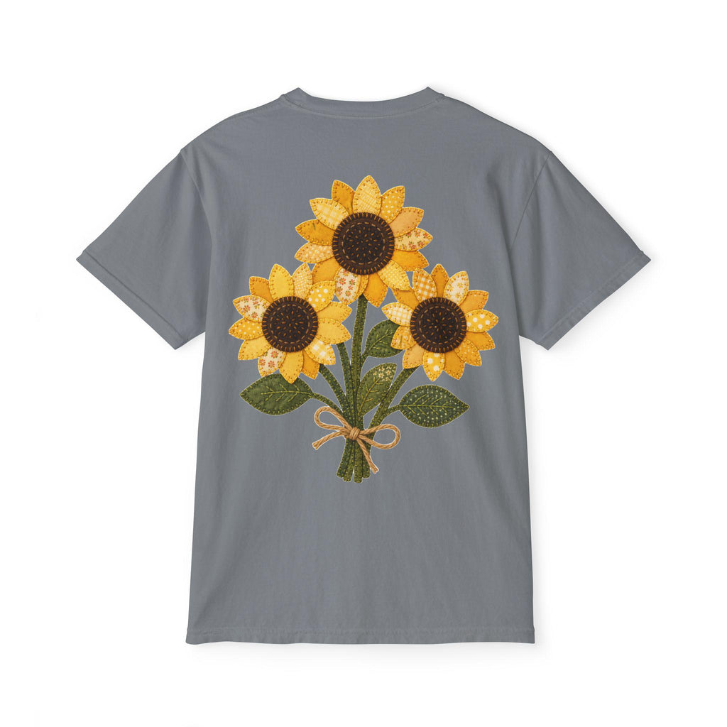 Patchwork Sunflower Bouquet Graphic Tee, Vintage Embroidery Style Print, Soft Cotton Floral Shirt