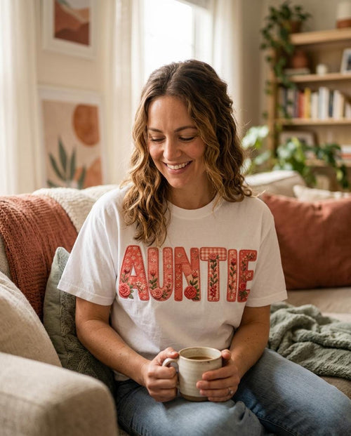 Floral Auntie Graphic T-Shirt, Faux Embroidery Print, Soft Cotton Tee