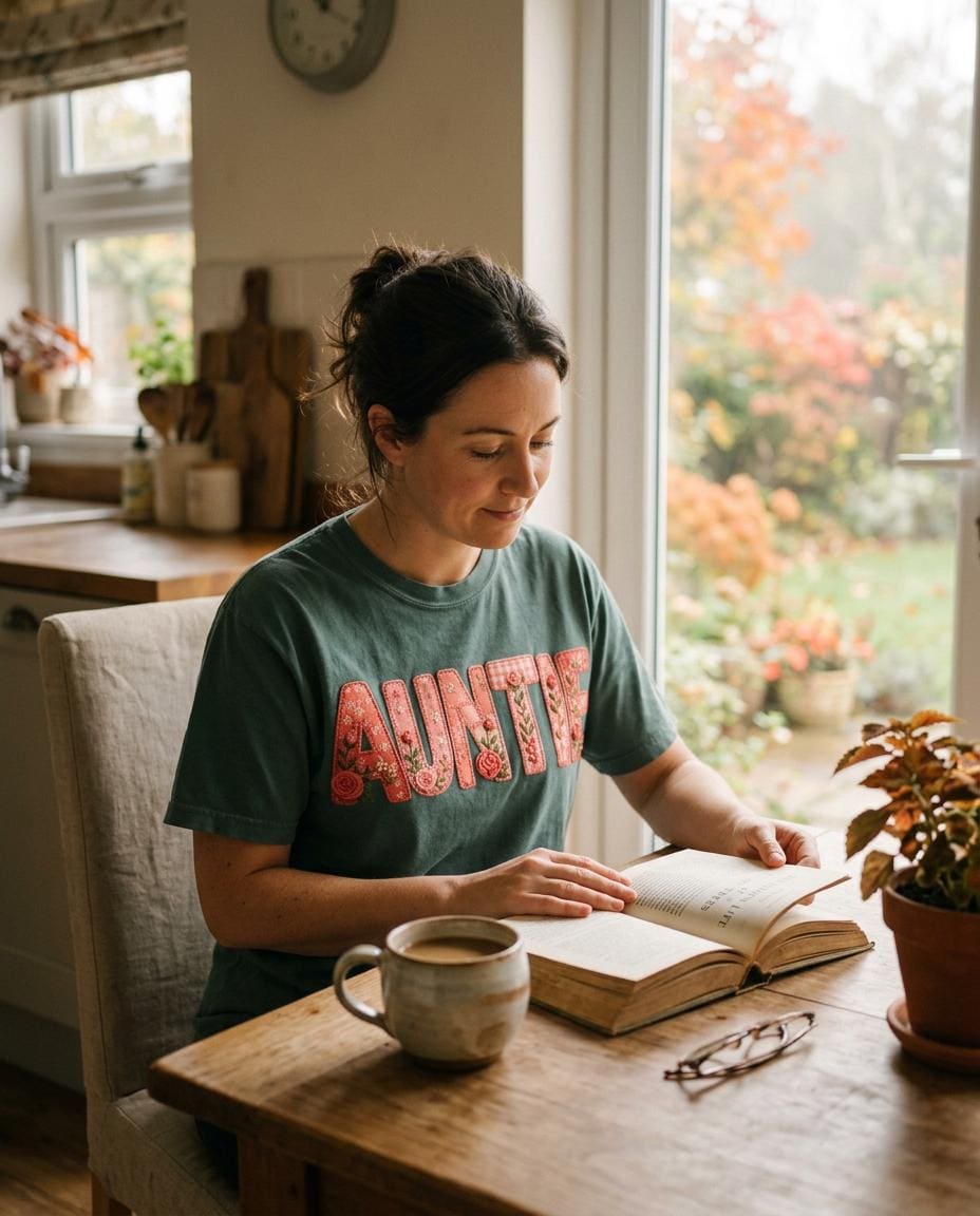 Floral Auntie Graphic T-Shirt, Faux Embroidery Print, Soft Cotton Tee