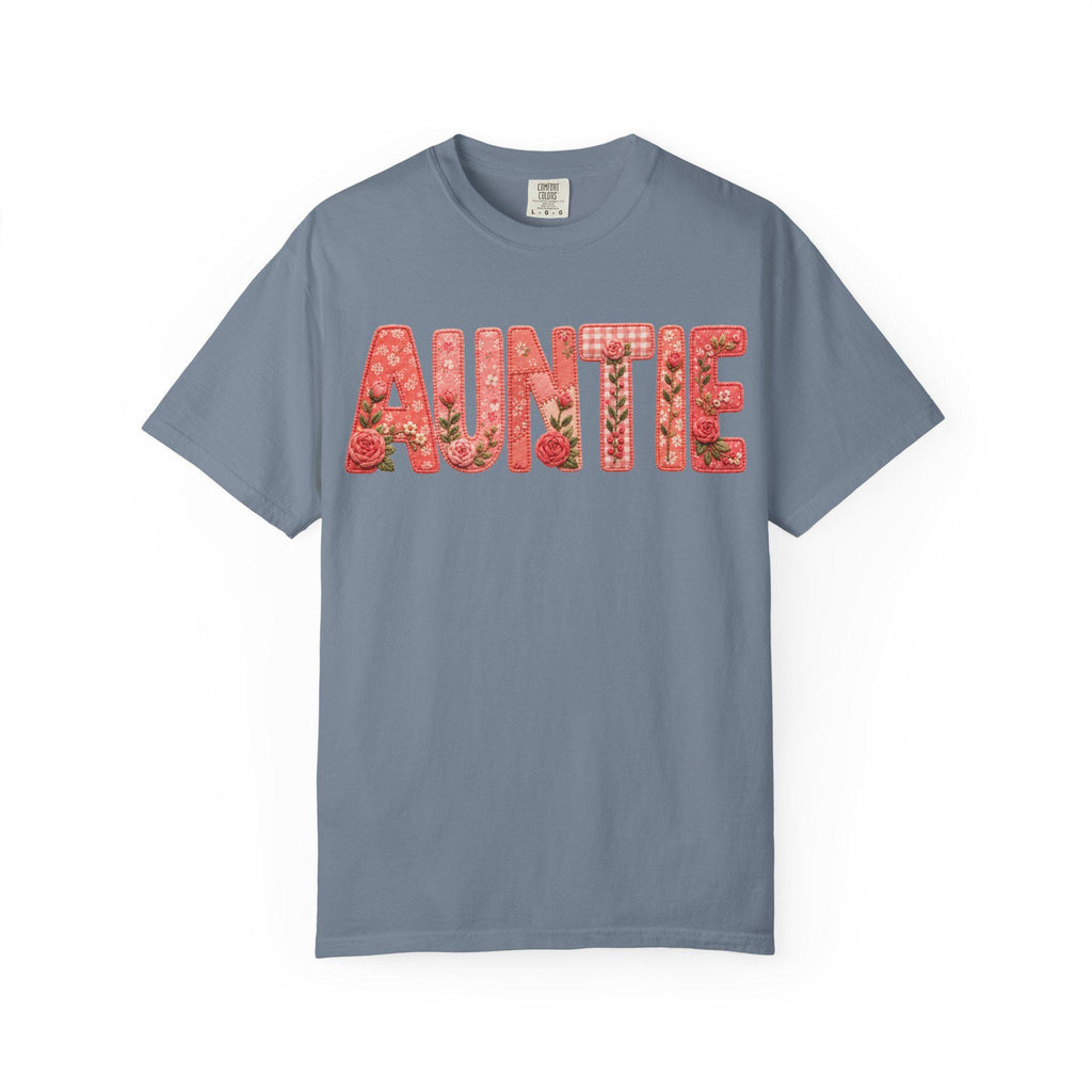 Floral Auntie Graphic T-Shirt, Faux Embroidery Print, Soft Cotton Tee