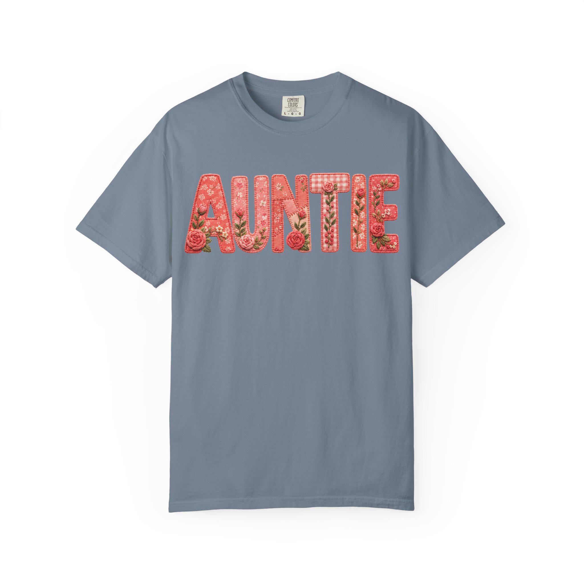 Floral Auntie Graphic T-Shirt, Faux Embroidery Print, Soft Cotton Tee